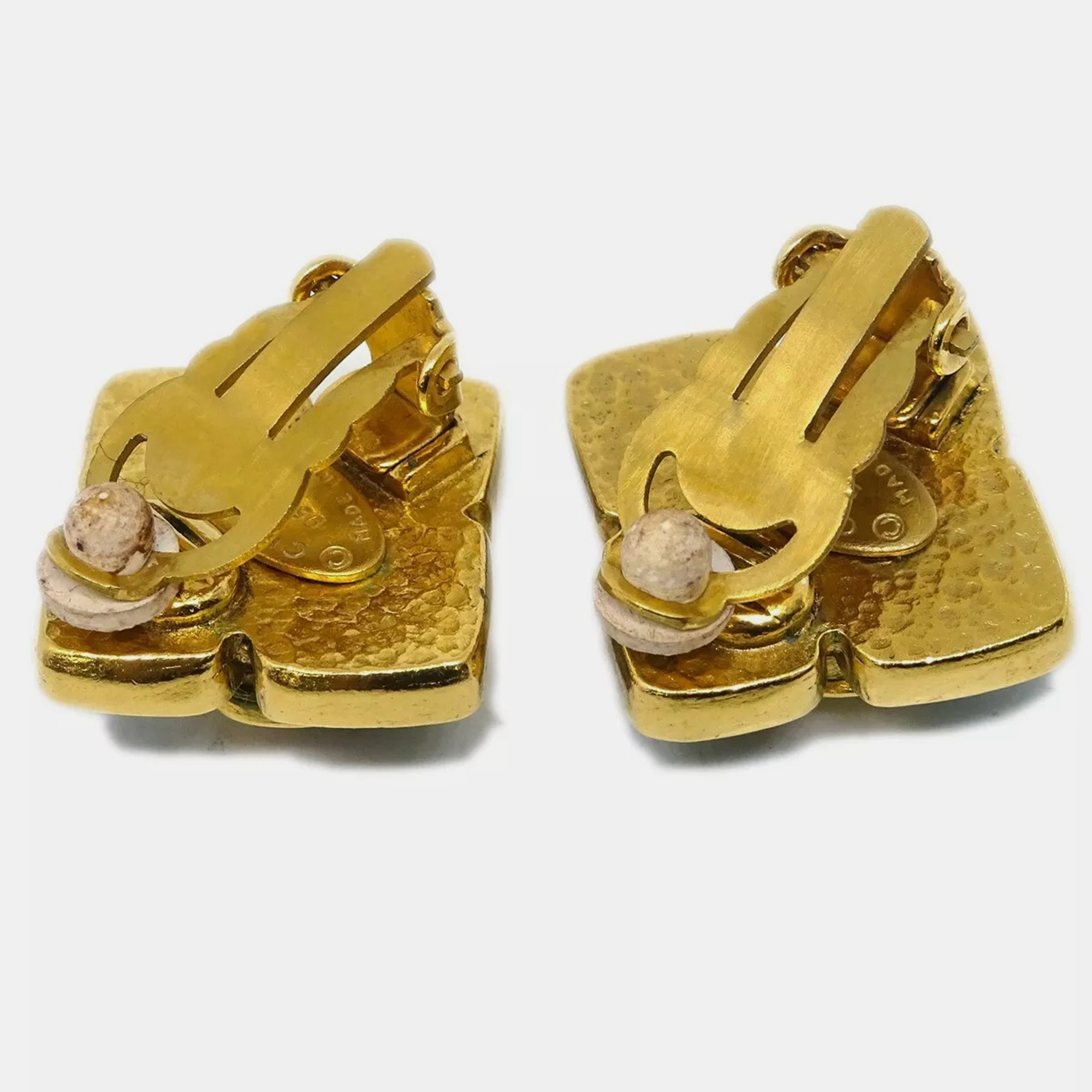 Chanel Rhombus Earrings Gripoix Clip-On Gold Green 95P 