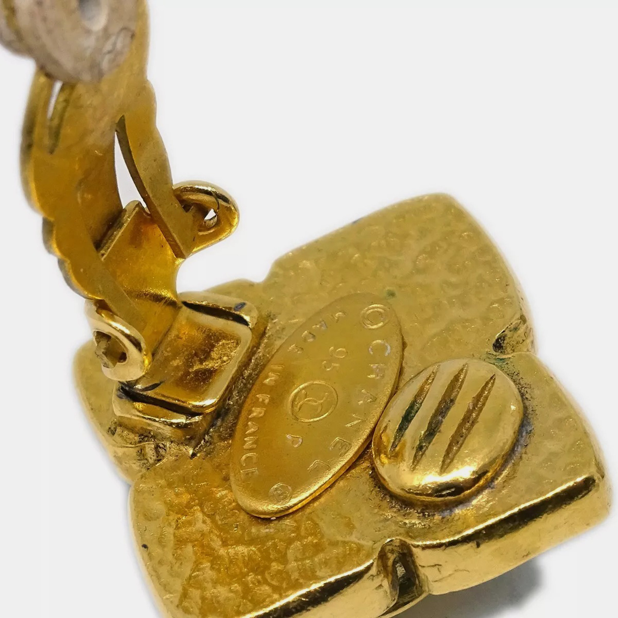 Chanel Rhombus Earrings Gripoix Clip-On Gold Green 95P 
