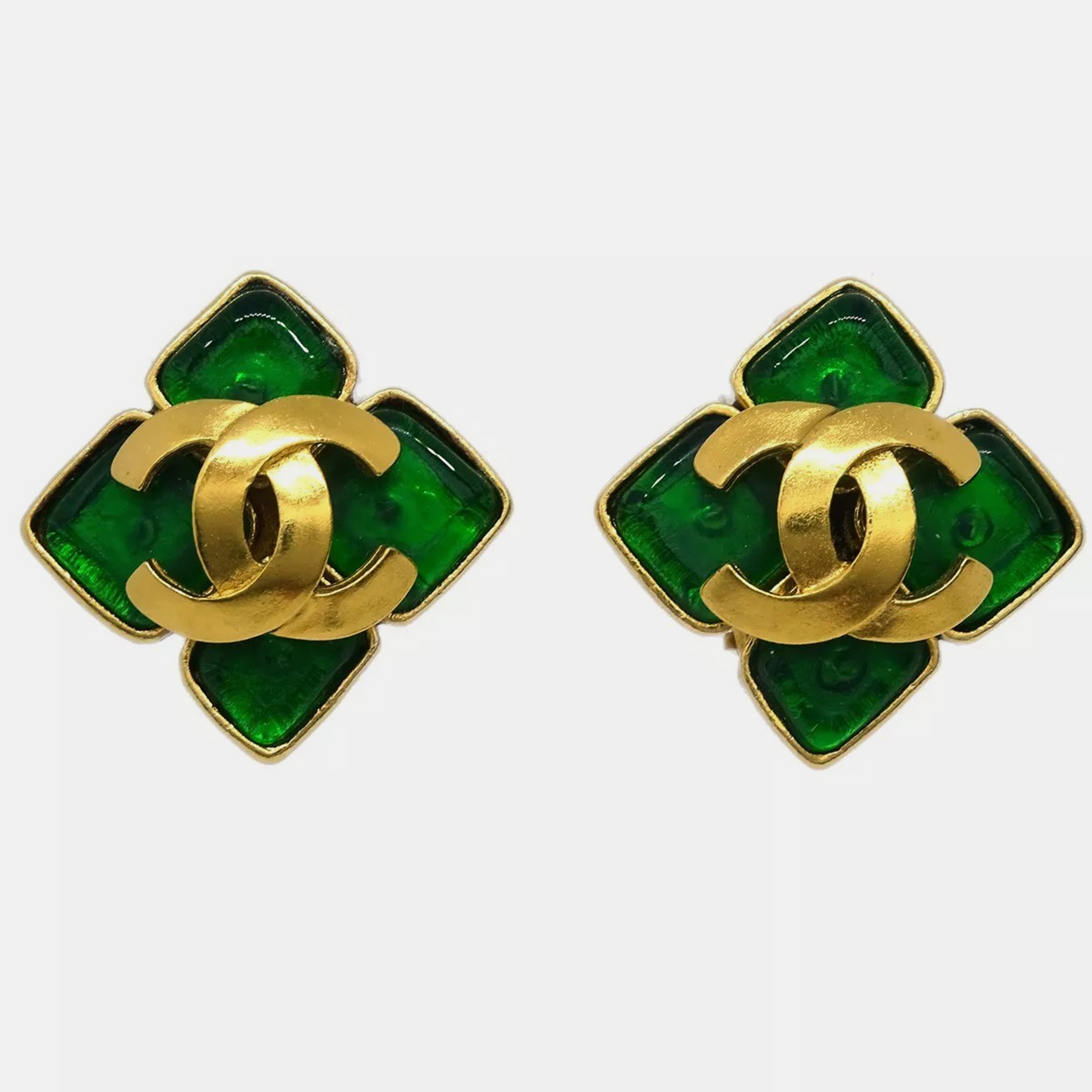 

Chanel Rhombus Earrings Gripoix Clip-On Gold Green 95P