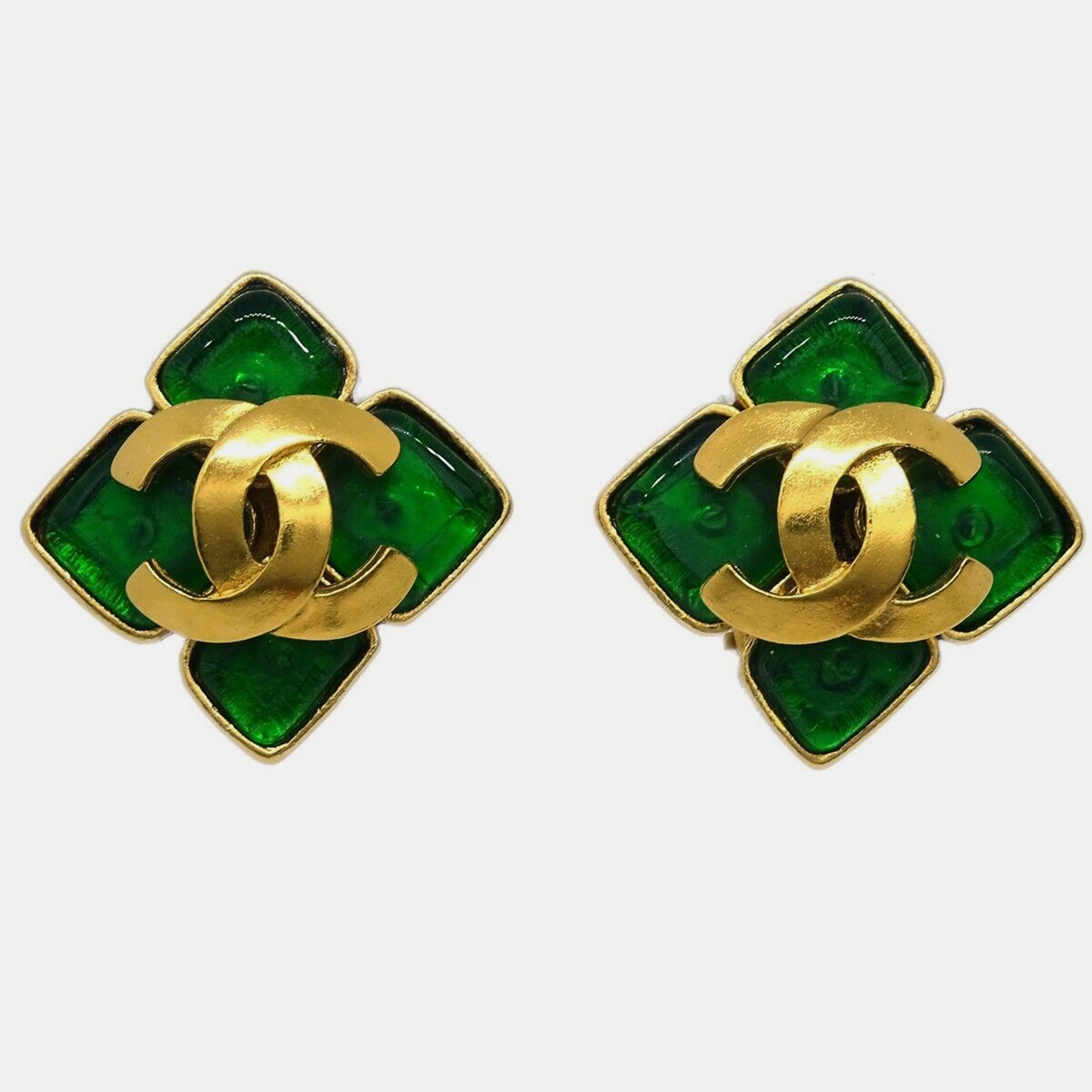 Chanel Rhombus Earrings Gripoix Clip-On Gold Green 95P 
