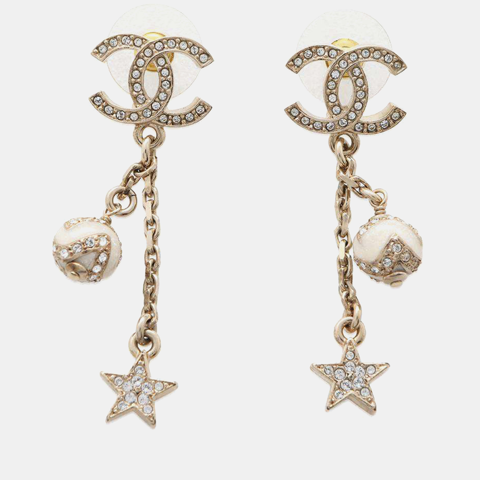 

Chanel Cc Logo Star Motif Swing Earrings White Gold Plated Rhinestone