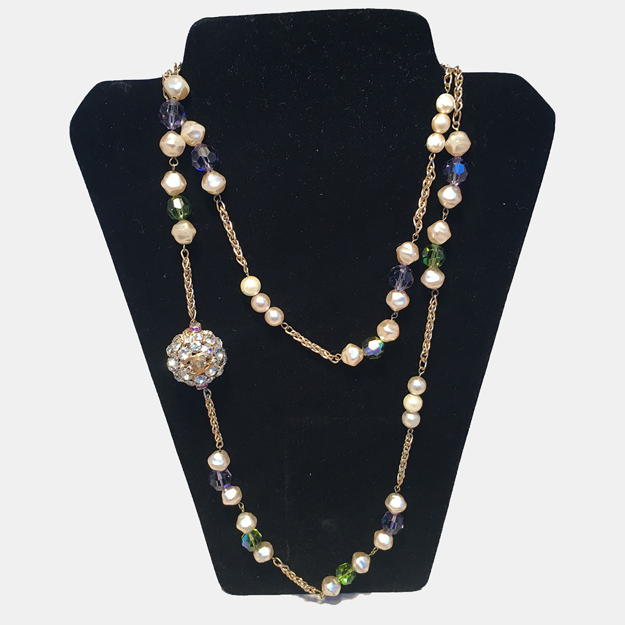 

Chanel Vintage Pearl And Green And Purple Beaded Necklace With Crystal Ball