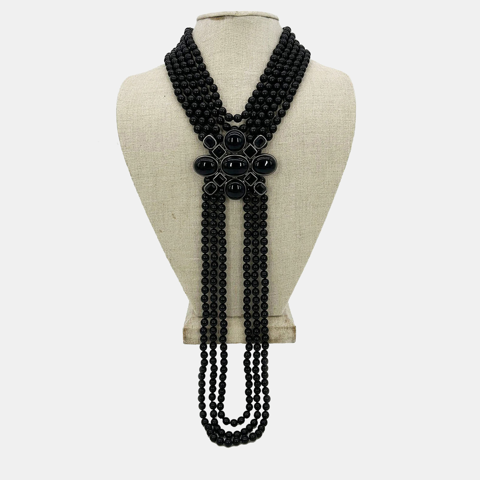 

Chanel Black Beaded Multi Strand Emblem Necklace