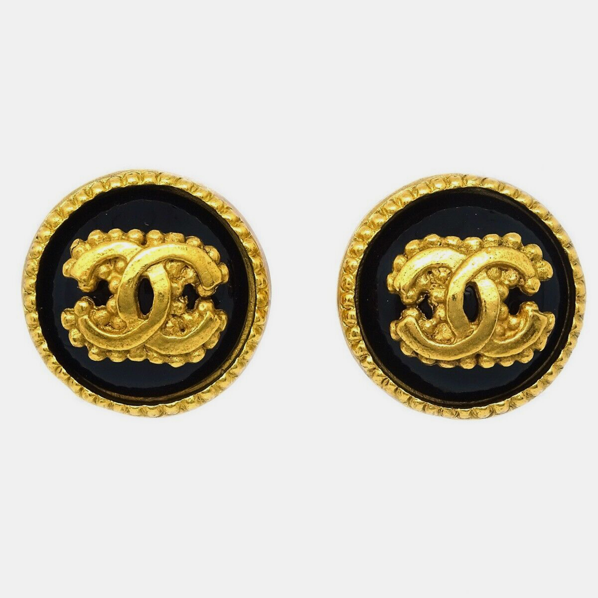 

Chanel Stone Button Earrings Clip-On Black Gold 96A