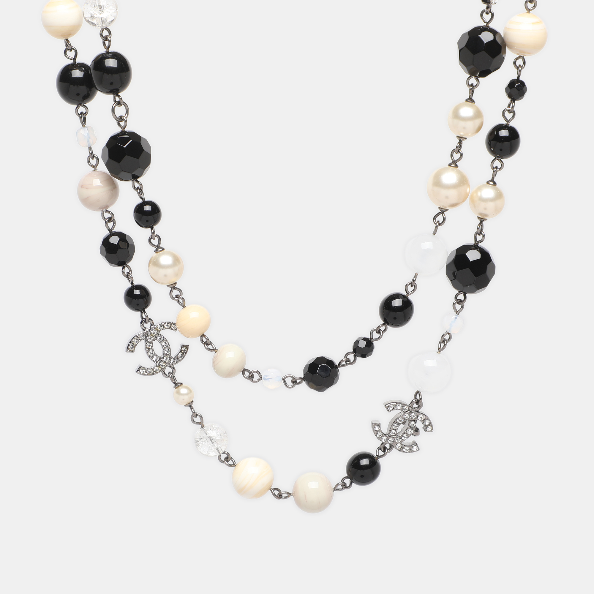 

Chanel Multicolor Gun Metal Tone, Faux Pearl and Crystal CC Long Station Necklace