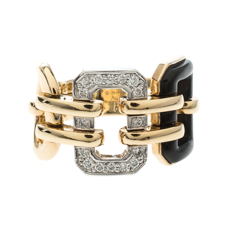 Chanel Première Diamond Onyx & 18K Yellow Gold Chain Link Ring Size 54