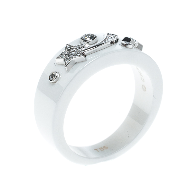 Chanel Cosmique de Chanel Diamond 18k White Gold Ceramic Band Ring Size 50
