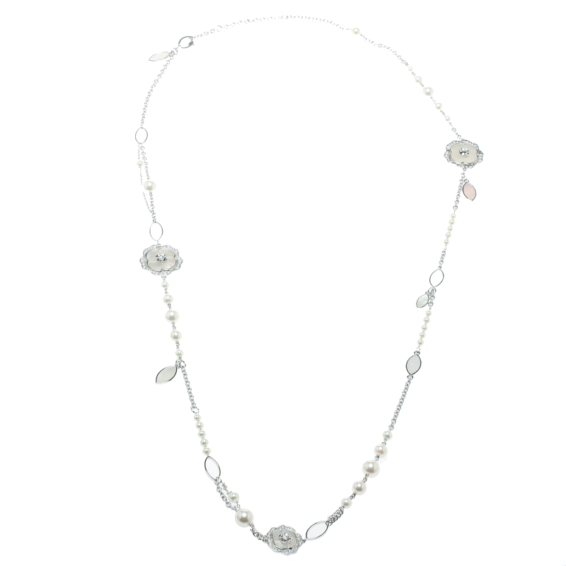 Chanel Pétales de Camélia Cultured Pearl Mother of Pearl & Diamond 18k White Gold Long Necklace