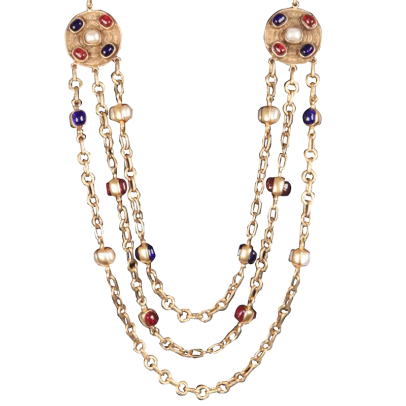 

Chanel Gold Tone Cabochons Triple Chain Necklace