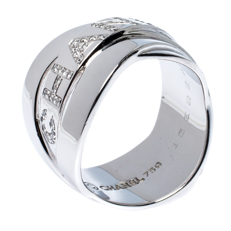

Chanel Diamond Set 18K White Gold Bolduc Band Ring Size EU, Silver