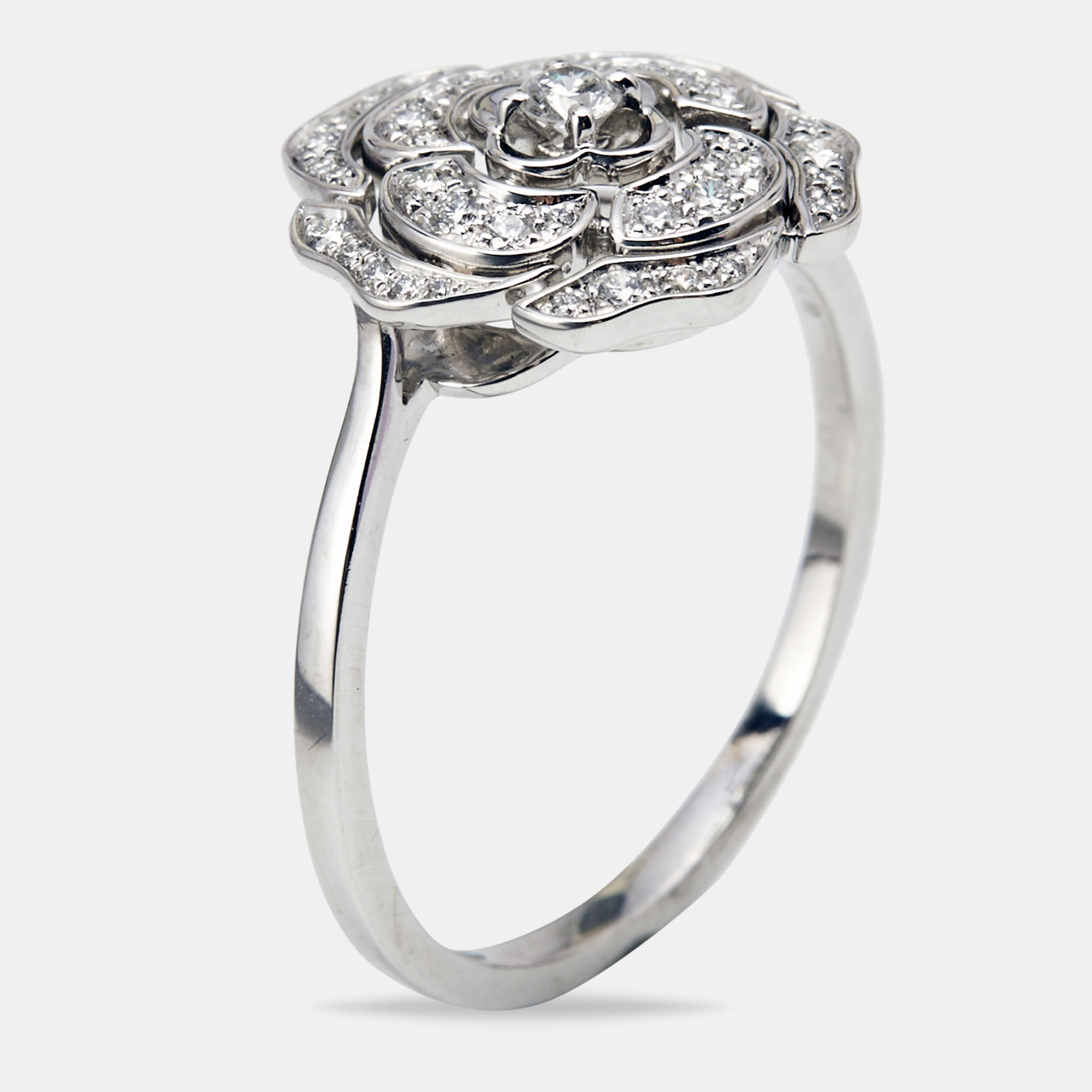 Chanel Bouton de Camélia Diamond Flower 18K White Gold Ring Size 59