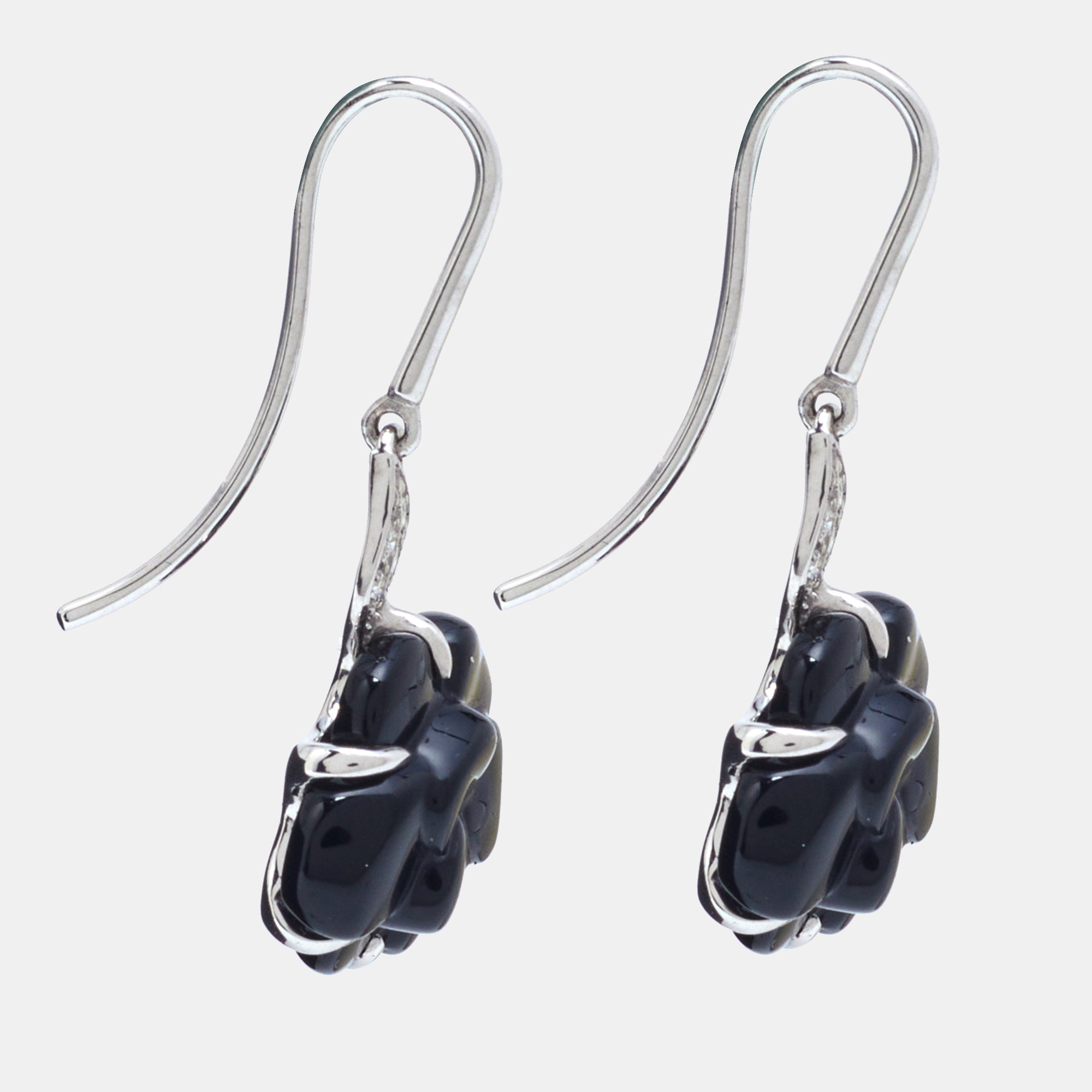 

Chanel Camelia Sculpte Onyx Diamond 18k White Gold Hook Earrings