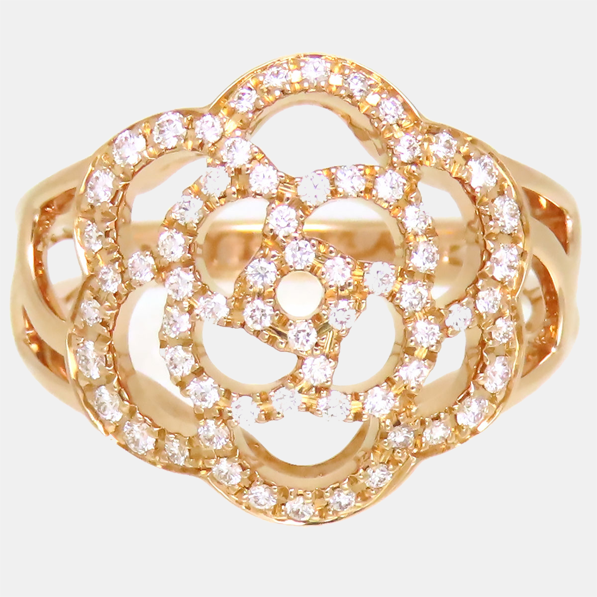 

Chanel Rose Gold Metal 18k Gold Diamond Camelia Ajoura Ring US 11