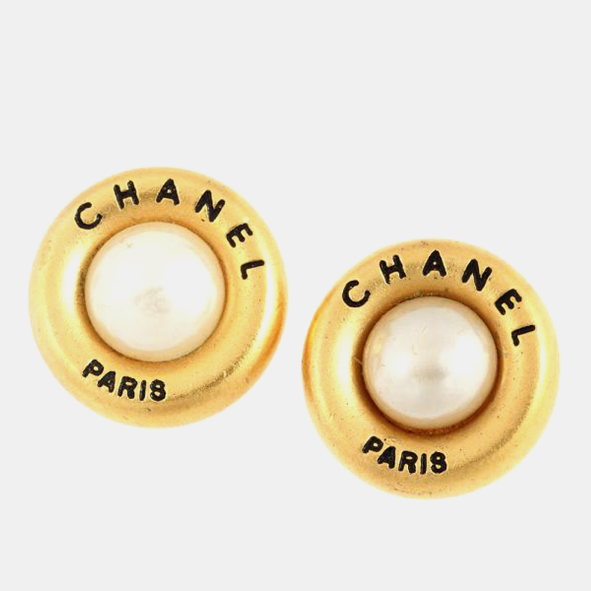 

Chanel Gold Metal Faux Pearl Logo Clip On Earrings