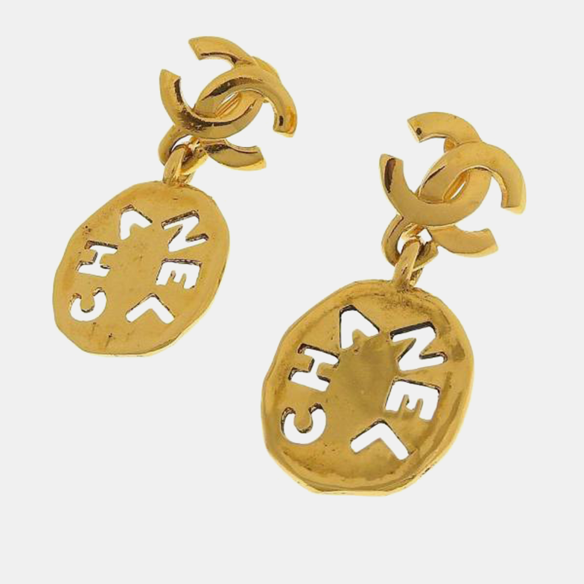 Pre-owned Chanel Gold Metal Cc Cutout Logo Drop Earrings