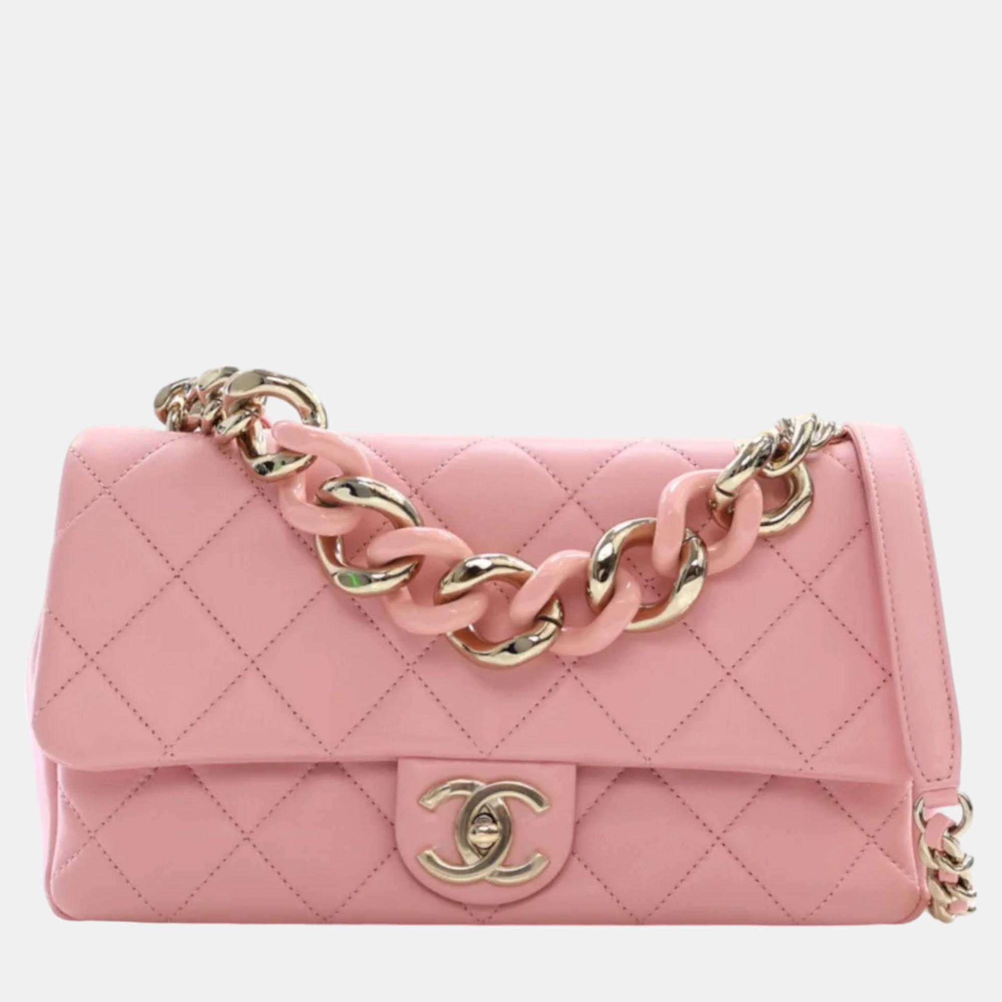 

Chanel Pink Lambskin Quilted Resin Bi-Color Chain Flap Bag Shoulder Bag