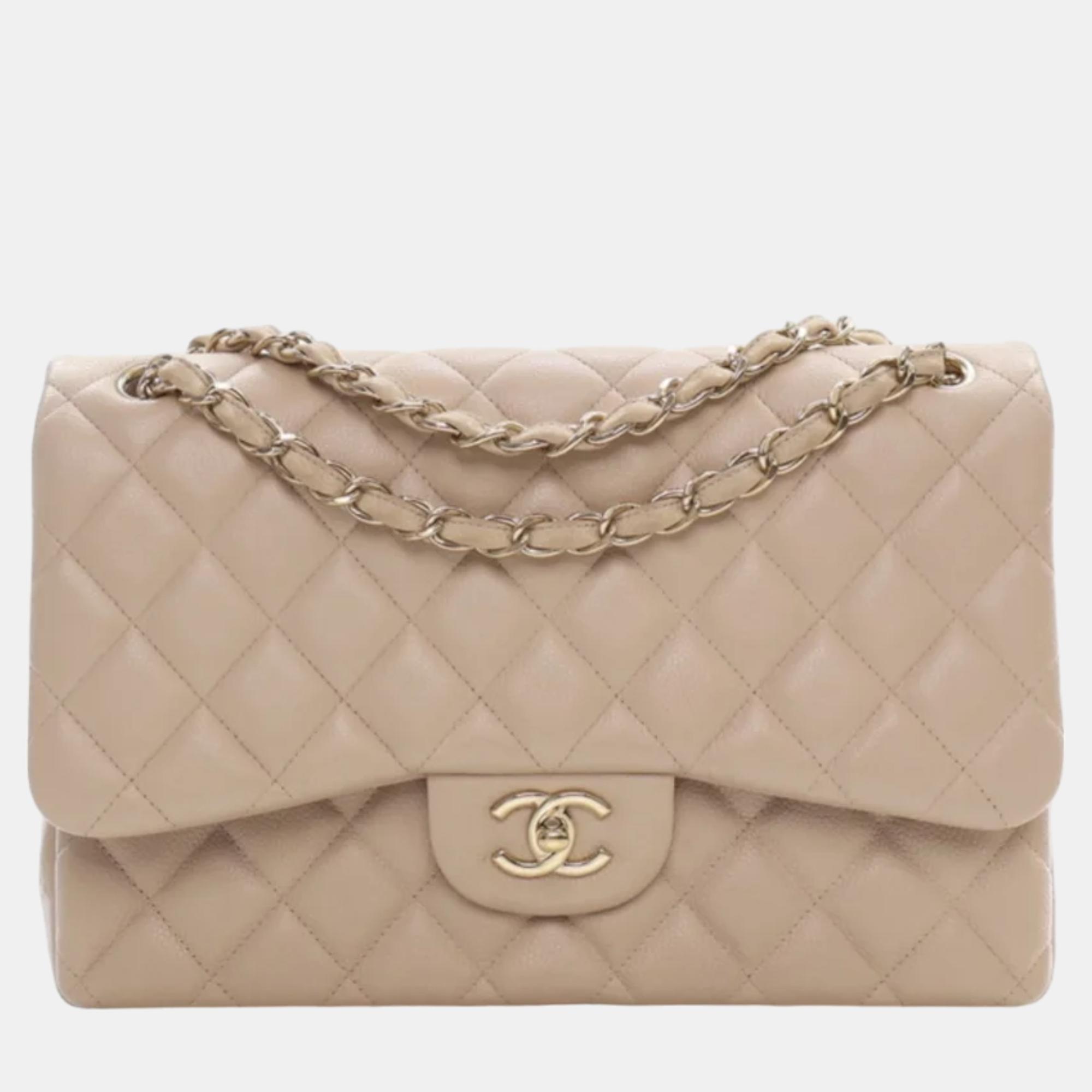 

Chanel Beige Caviar Leather Jumbo Classic Double Flap Shoulder Bags