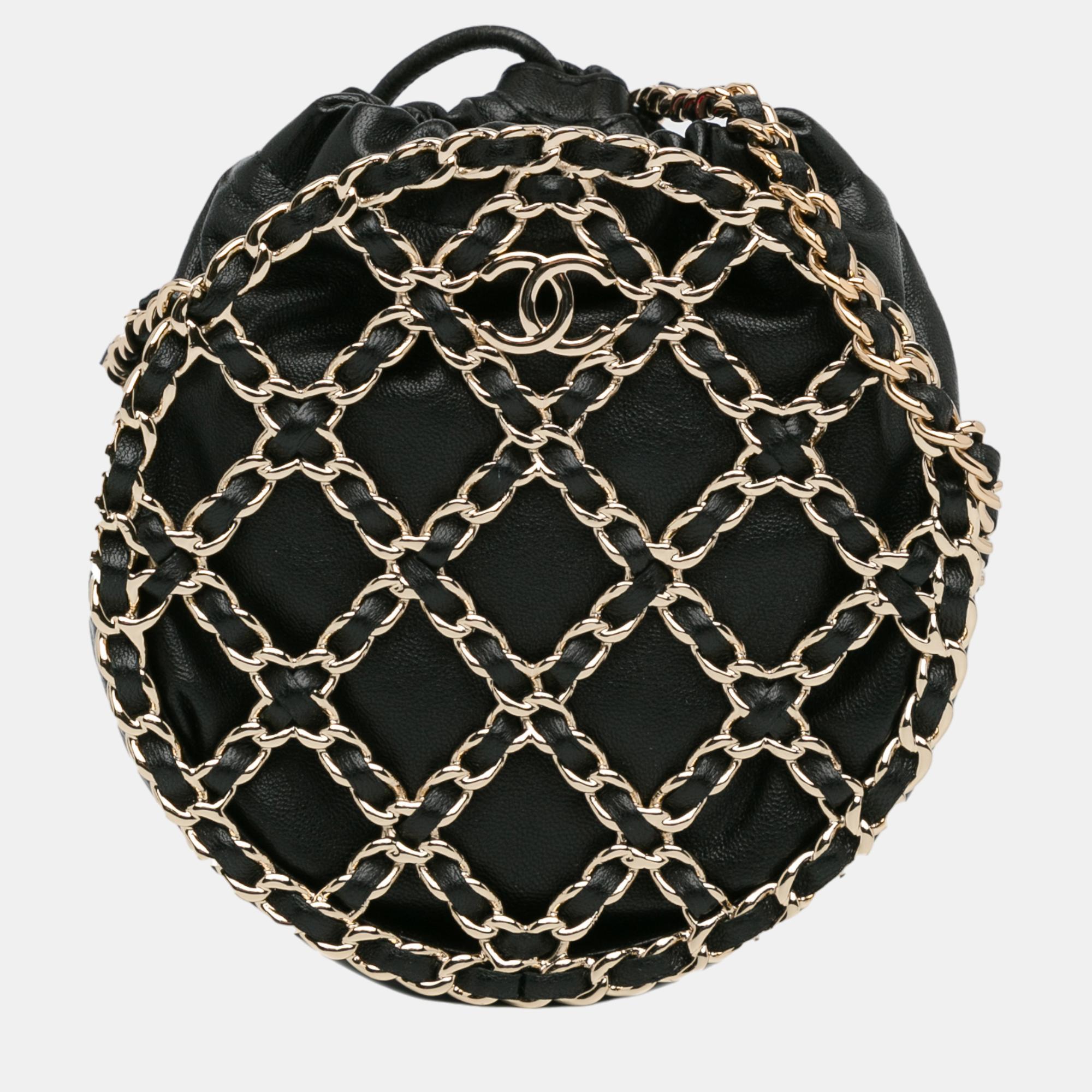 

Chanel Black Lambskin Round Caged Chain Around Crossbody