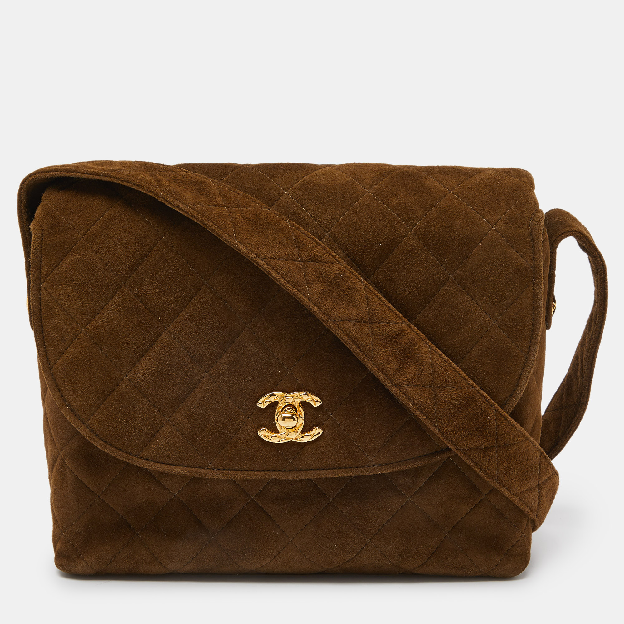 

Chanel Brown Quilted Suede Vintage CC Round Flap Bag