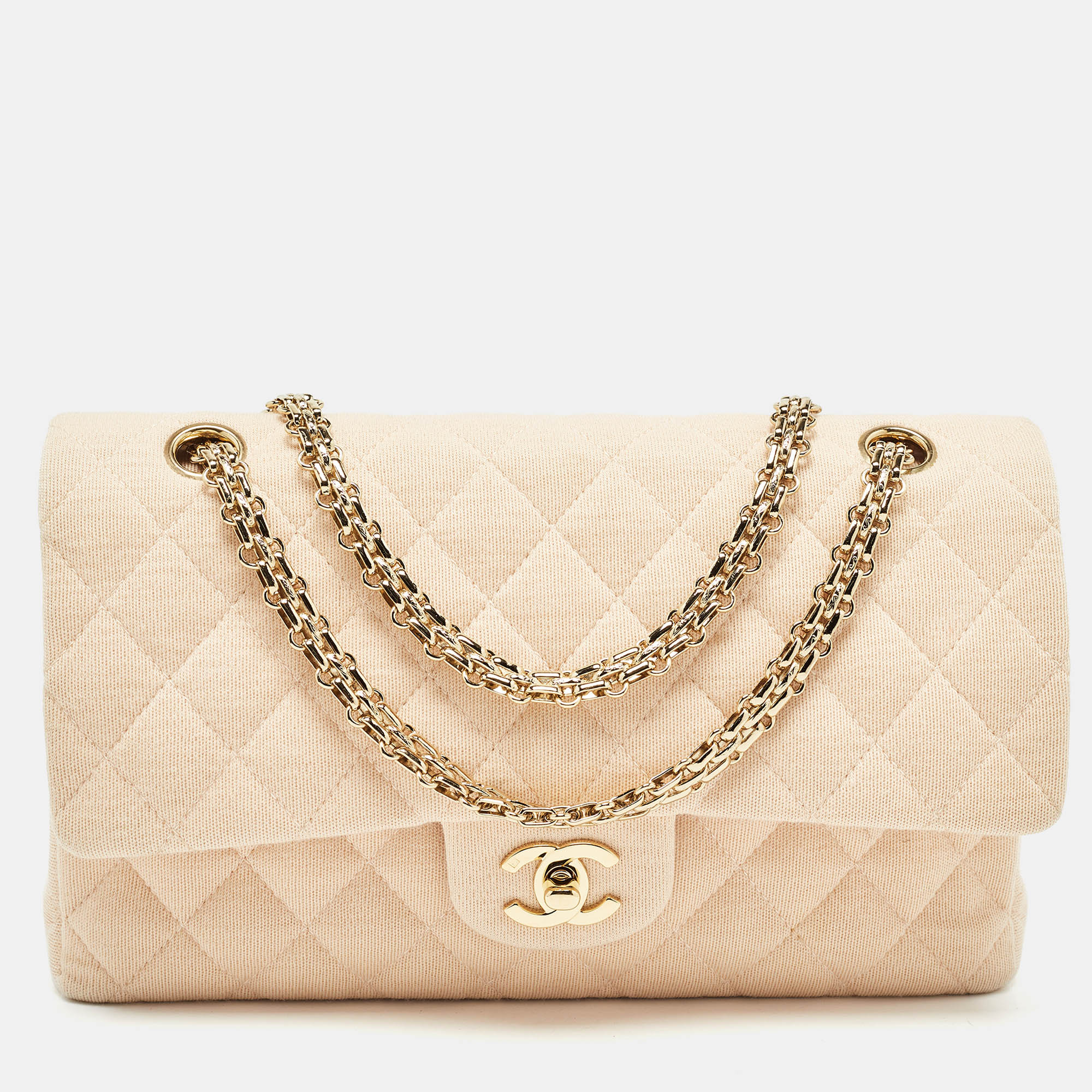 

Chanel Light Peach Quilted Jersey Medium Classic Double Flap Bag, Orange