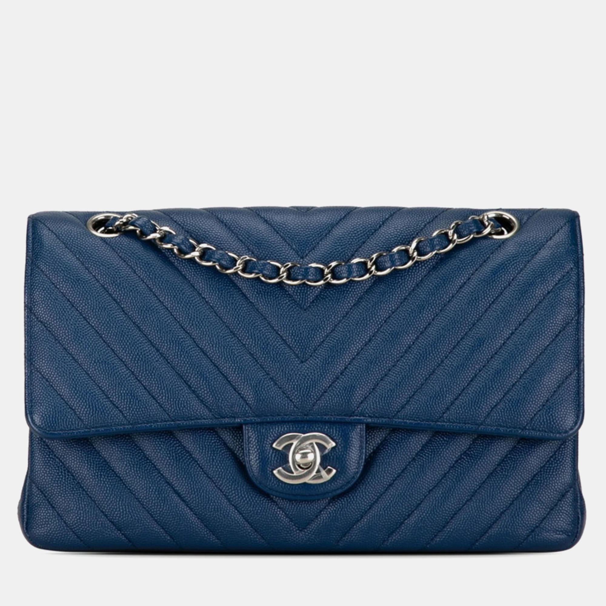 

Chanel Blue Caviar Chevron Leather Jumbo Classic Double Flap Bag
