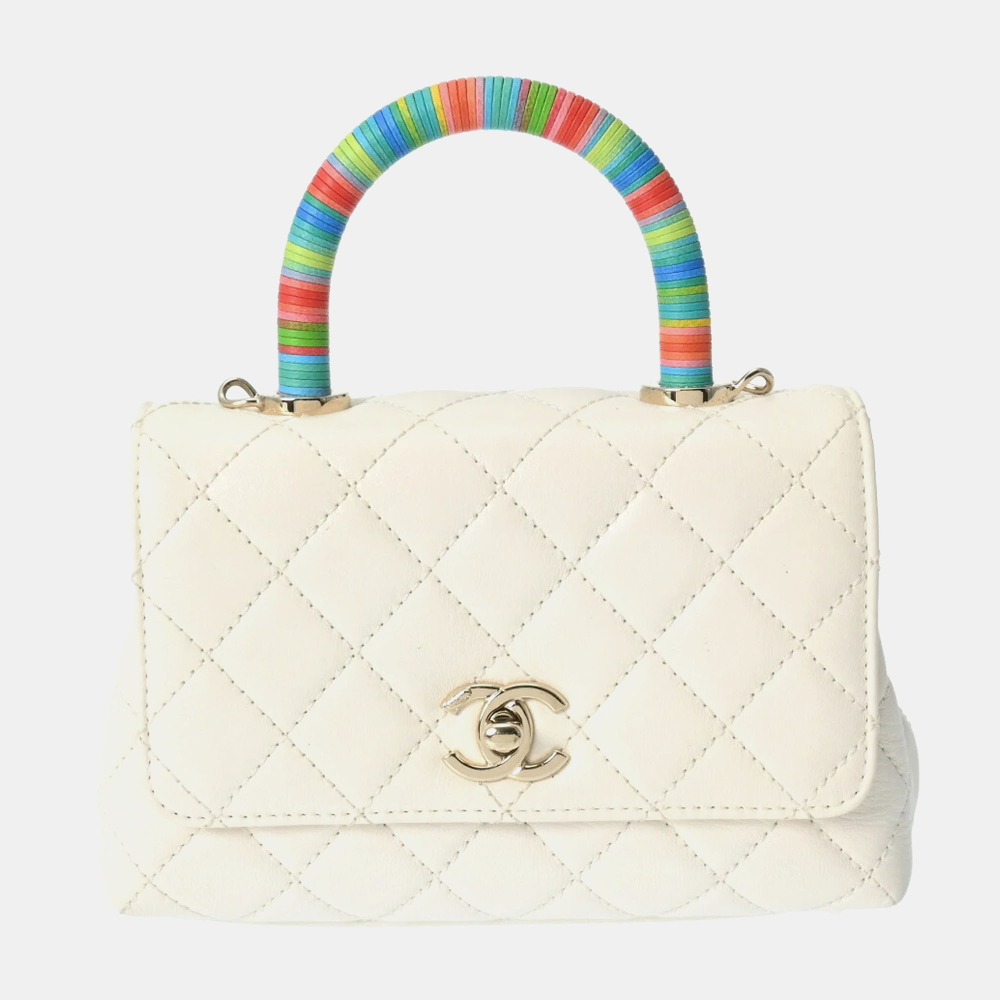 

Chanel White Quilted Lambskin Mini Rainbow Coco Top Handle Bag