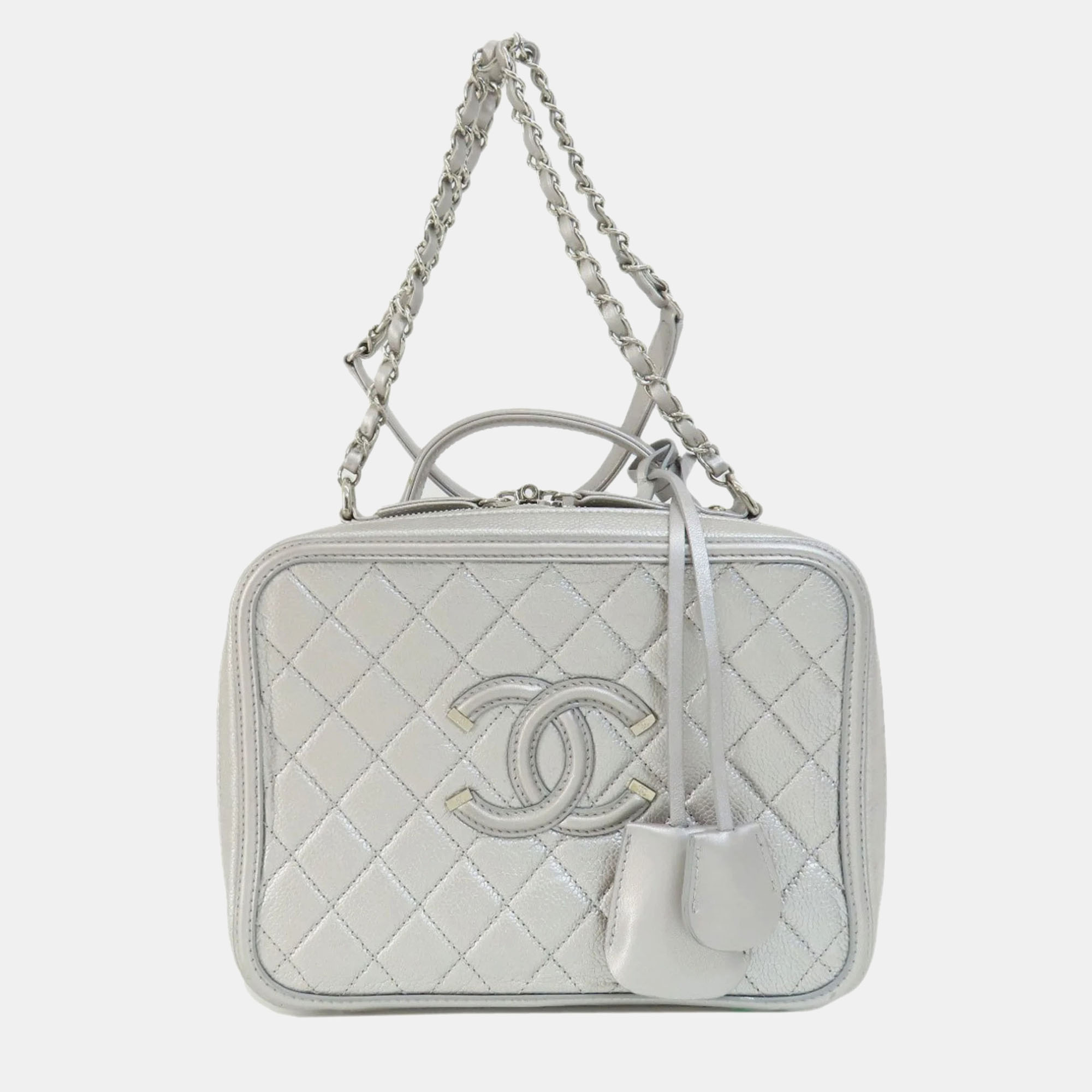

Chanel Silver Metallic Caviar Quilted Large CC Filigree Vanity Case Shoulder Bag