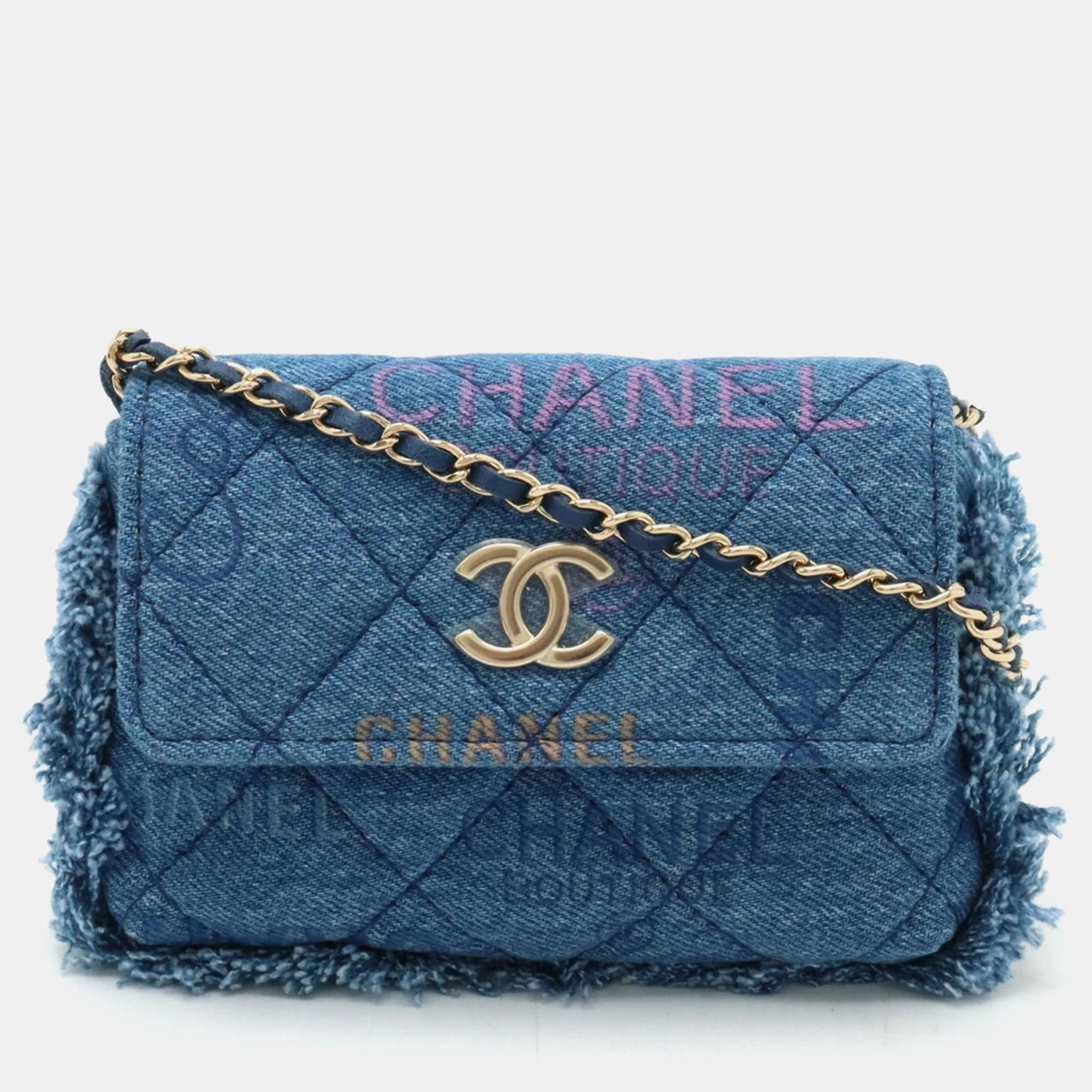 

Chanel Blue Denim Logo Printed Quilted Fringe Denim Mood Flap Shoulder Bag