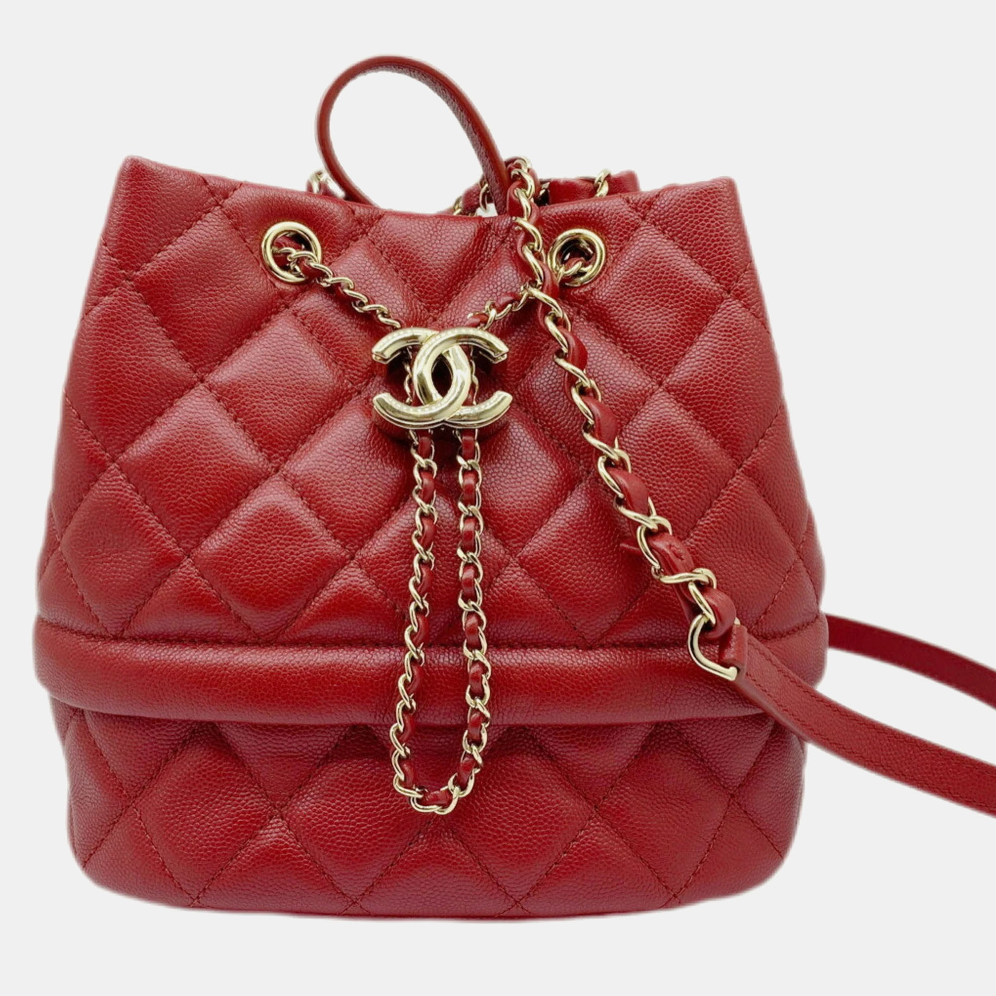 

Chanel Red Caviar Quilted Rolled Up Bucket Drawstring Bag