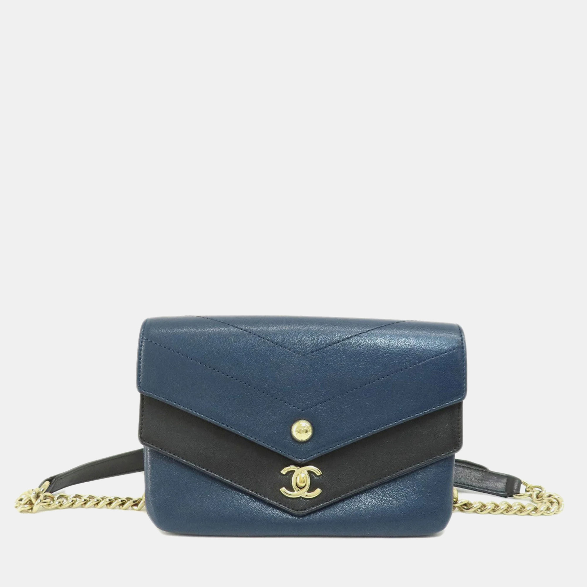 

Chanel Black/Navy Blue Calfskin Elaphe Double Chevron Flap Bag
