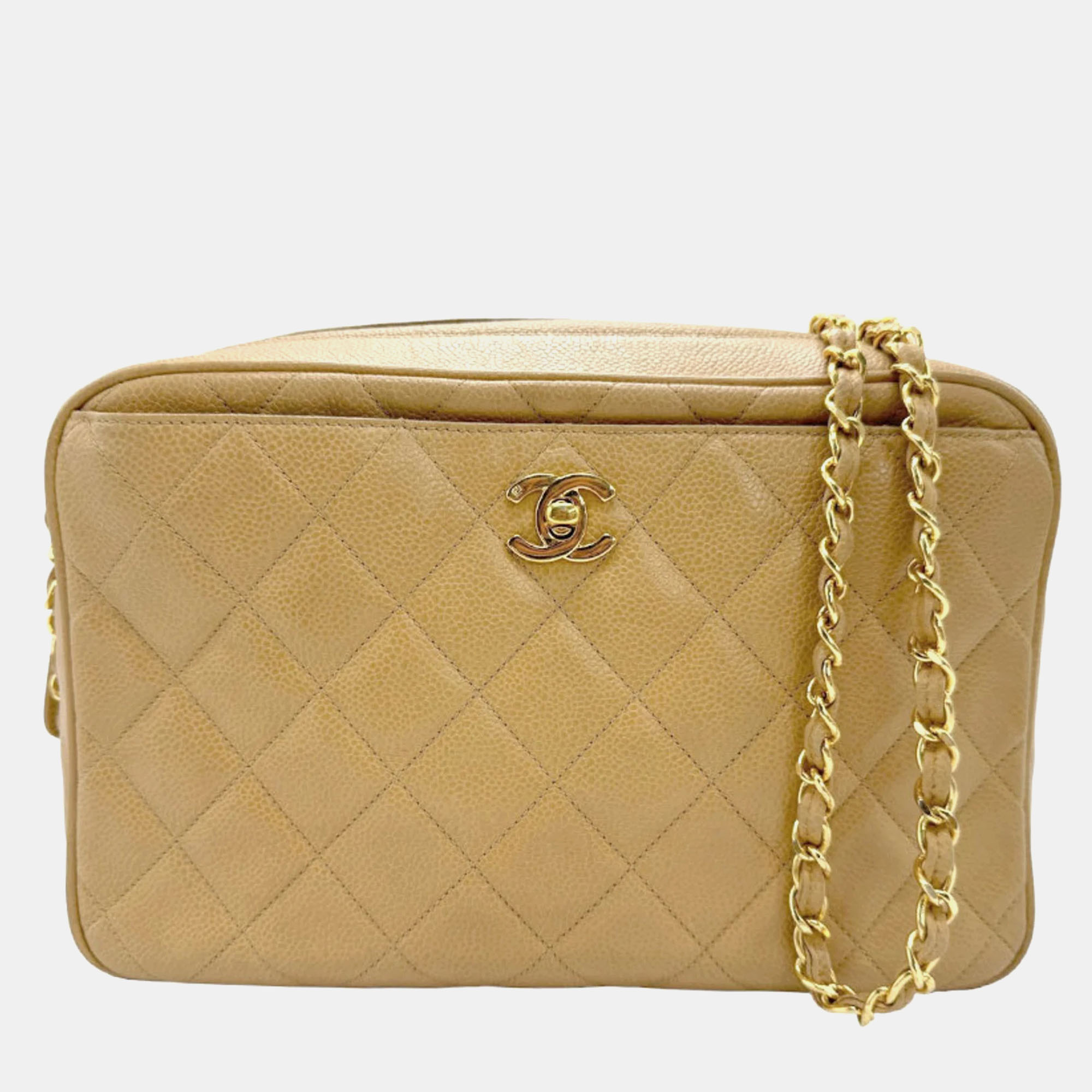 

Chanel Camel Beige Quilted Caviar Front Pocket CC Camera Bag