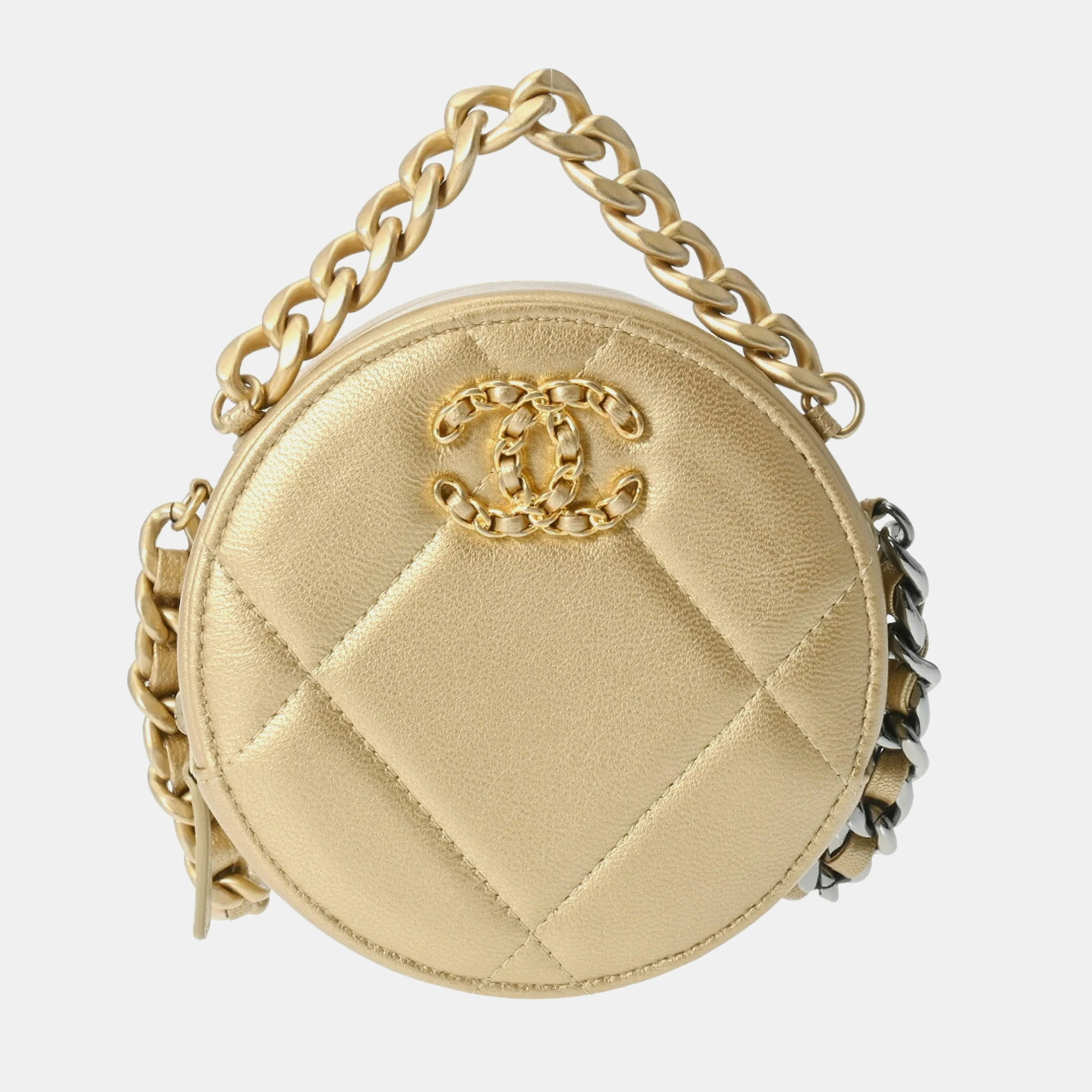 

Chanel Metallic Gold Quilted Lambskin 19 Round Clutch with Chain