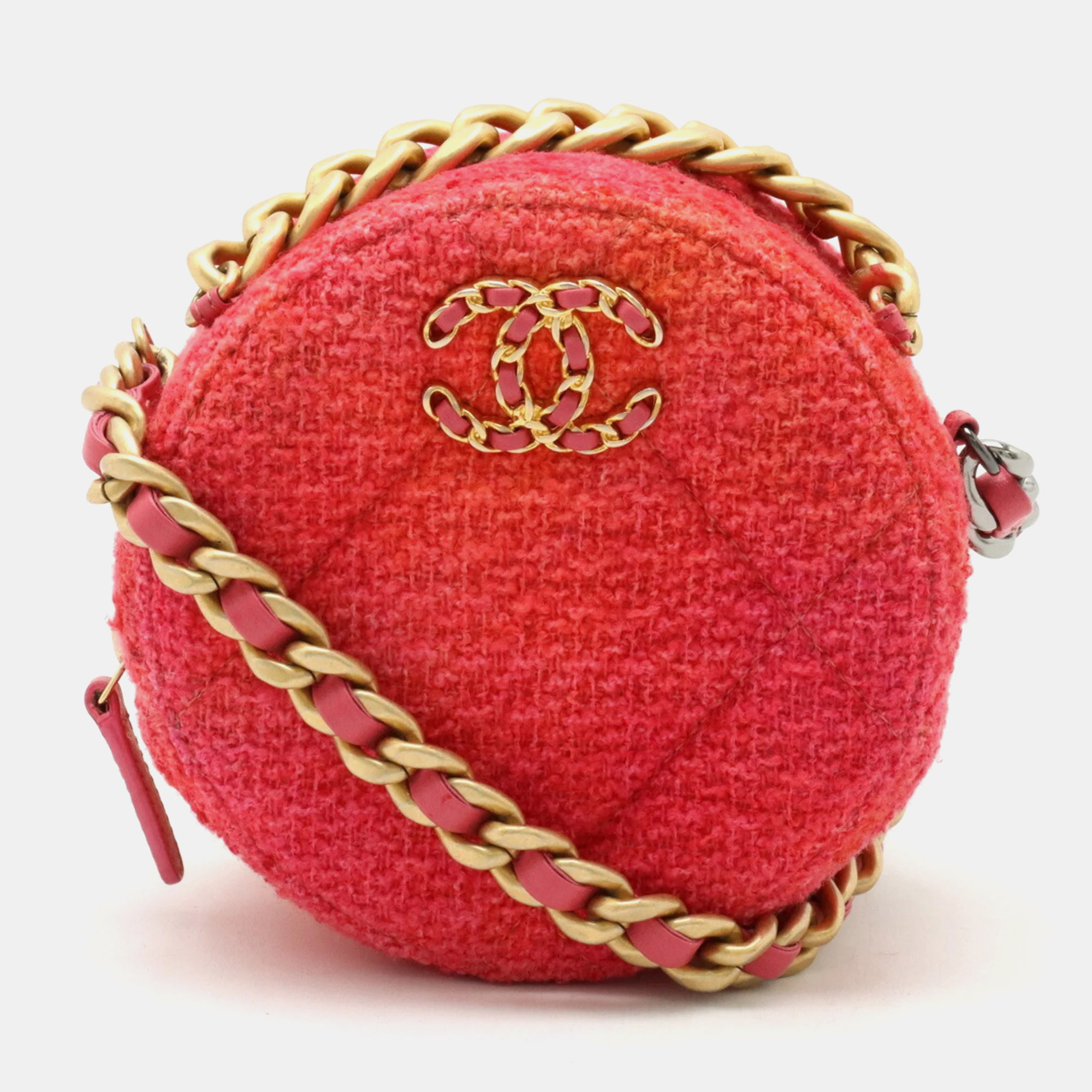 

Chanel Pink/Orange Tweed Lambskin Quilted Chanel 19 Round Clutch With Chain