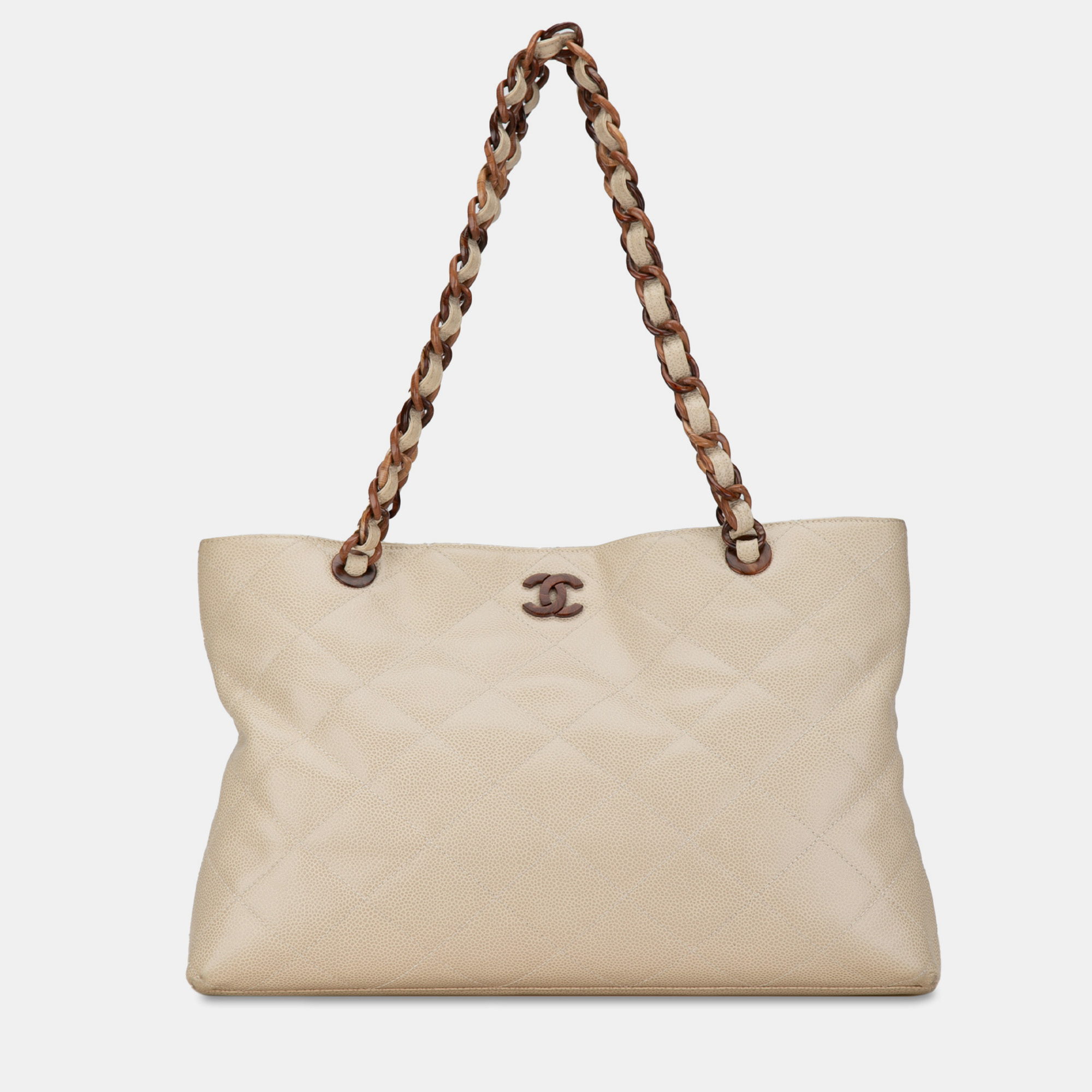 

Chanel CC Quilted Caviar Wood Chain Tote, White