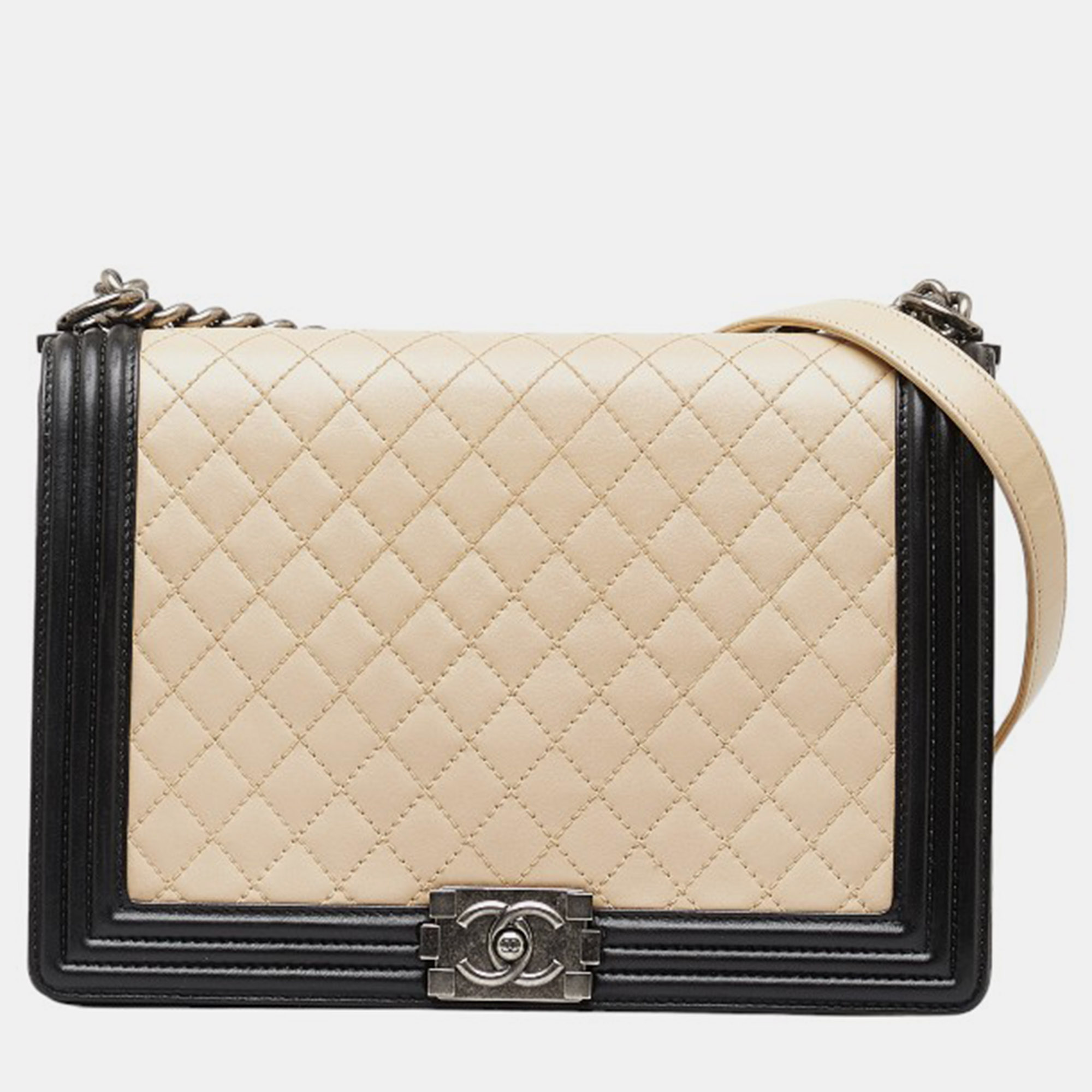 

Chanel Bicolor Leather Large Boy Flap Bag, Beige
