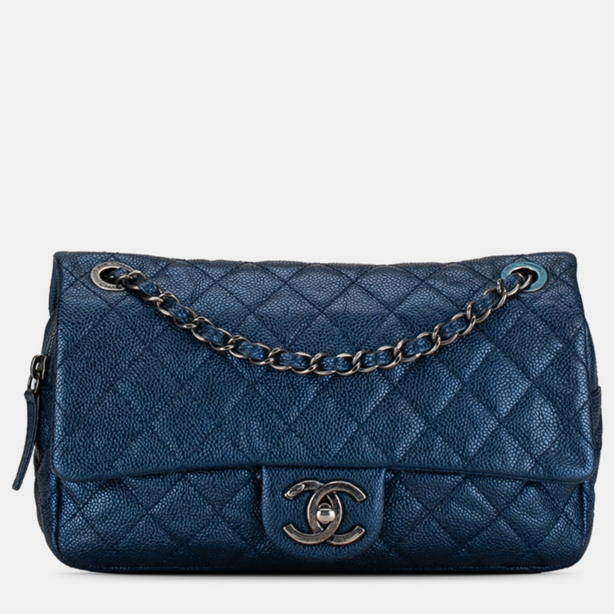 

Chanel Blue Leather CC Quilted Caviar Chain Flap Bag