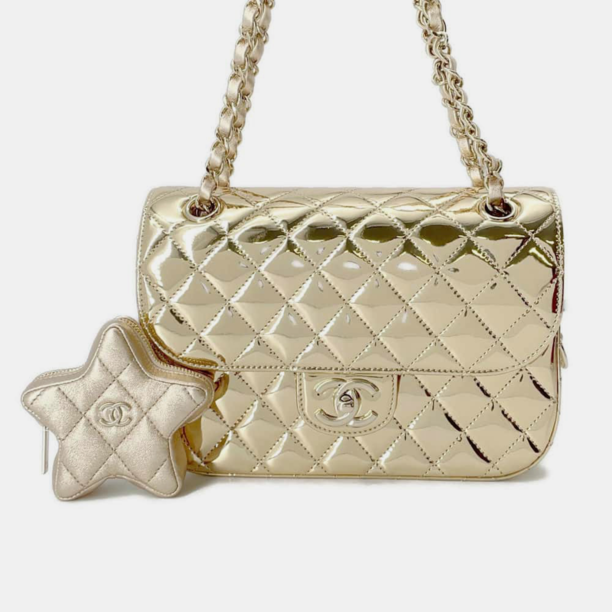 

Chanel Gold Metallic Mirror Leather Mini Flap Bag with Star Coin Purse