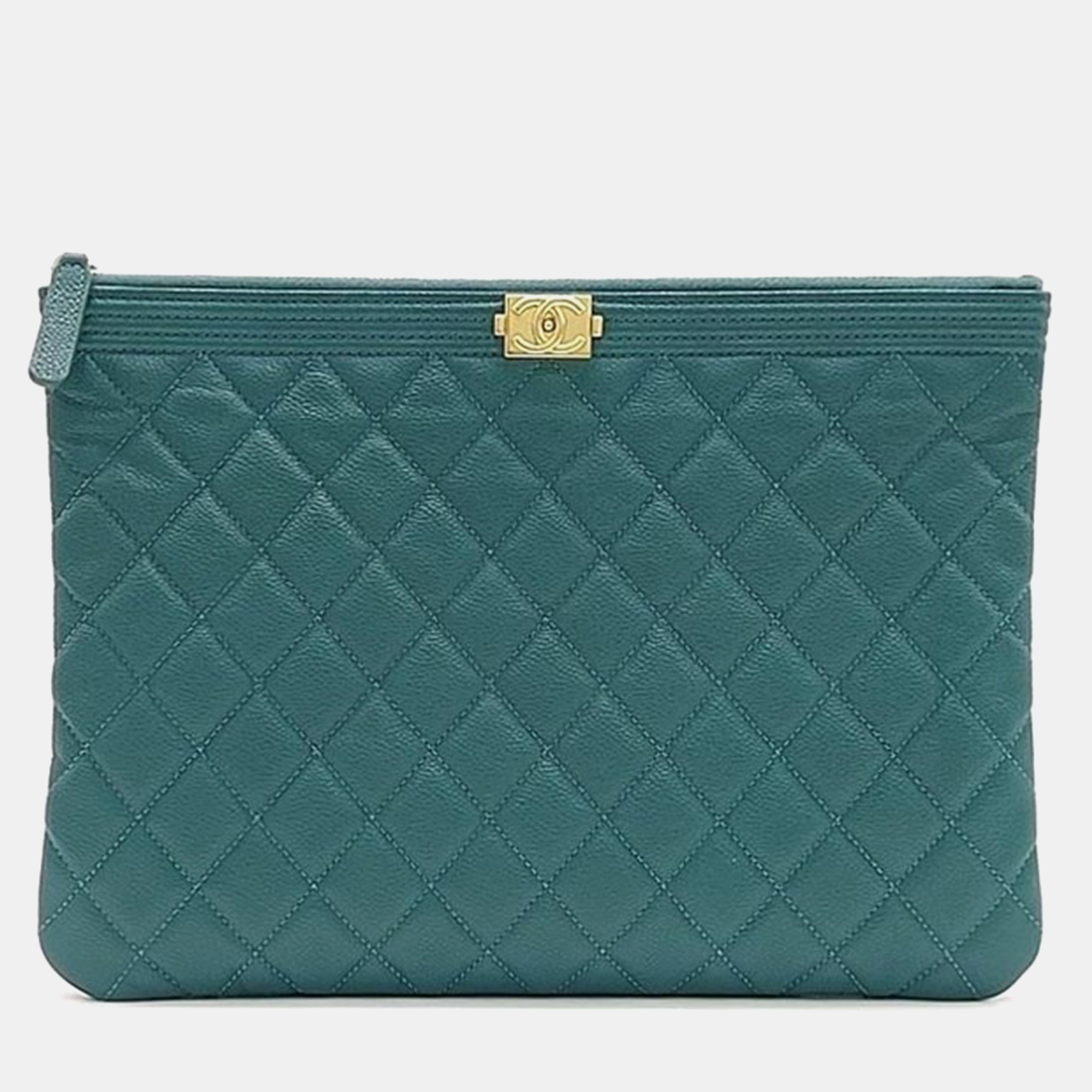 

Chanel Blue Green Caviar Leather Medium Boy Clutch Bag