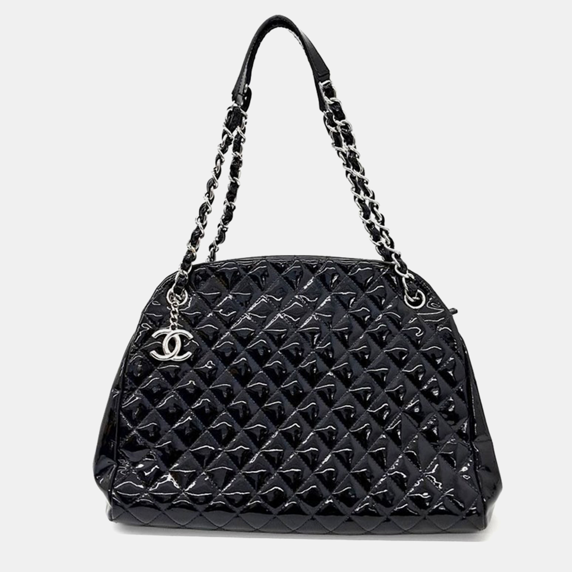 

Chanel Black Quilted Patent Large Just Mademoiselle Bowler Bag