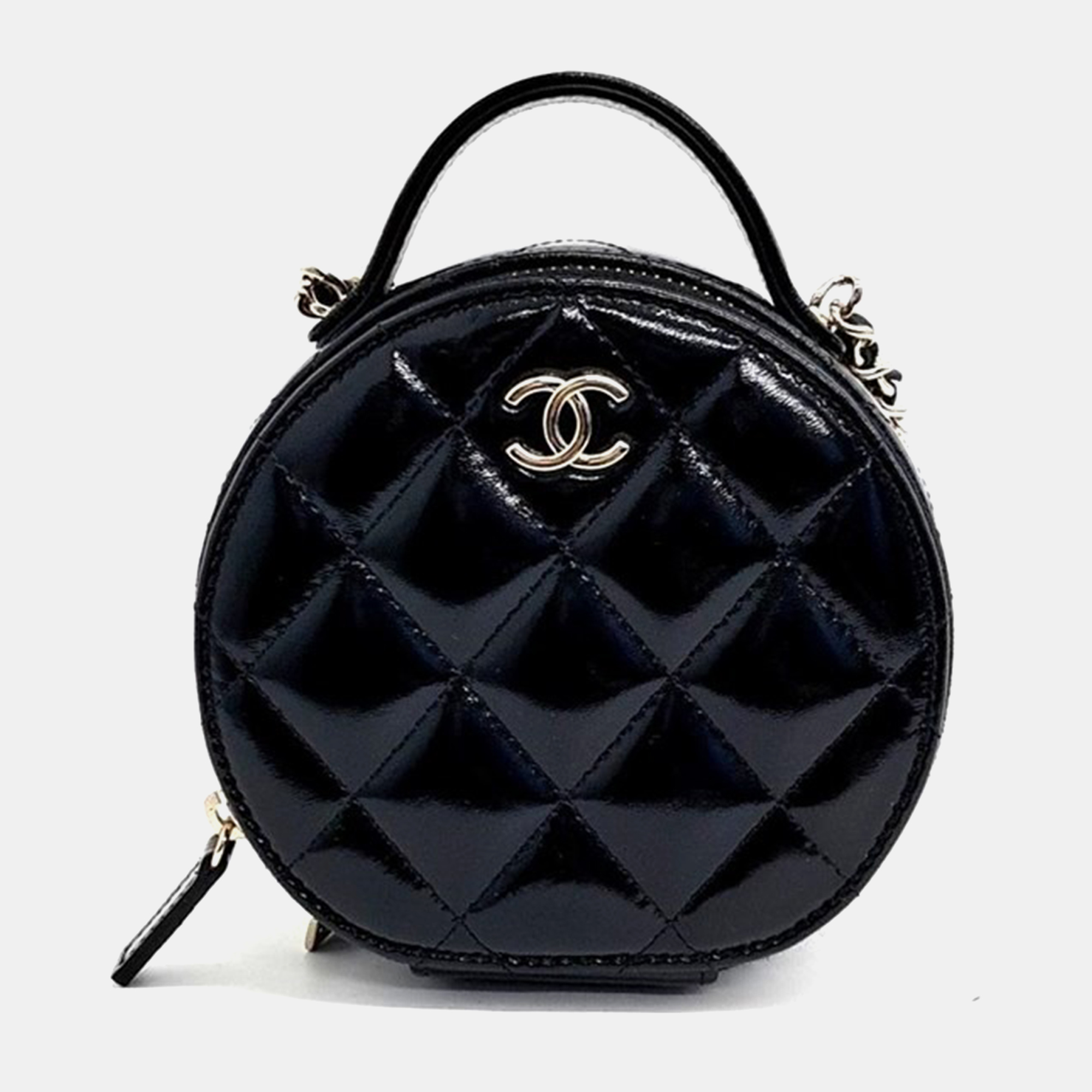 

Chanel Black Patent Leather Round Vanity Case Shoulder Bag