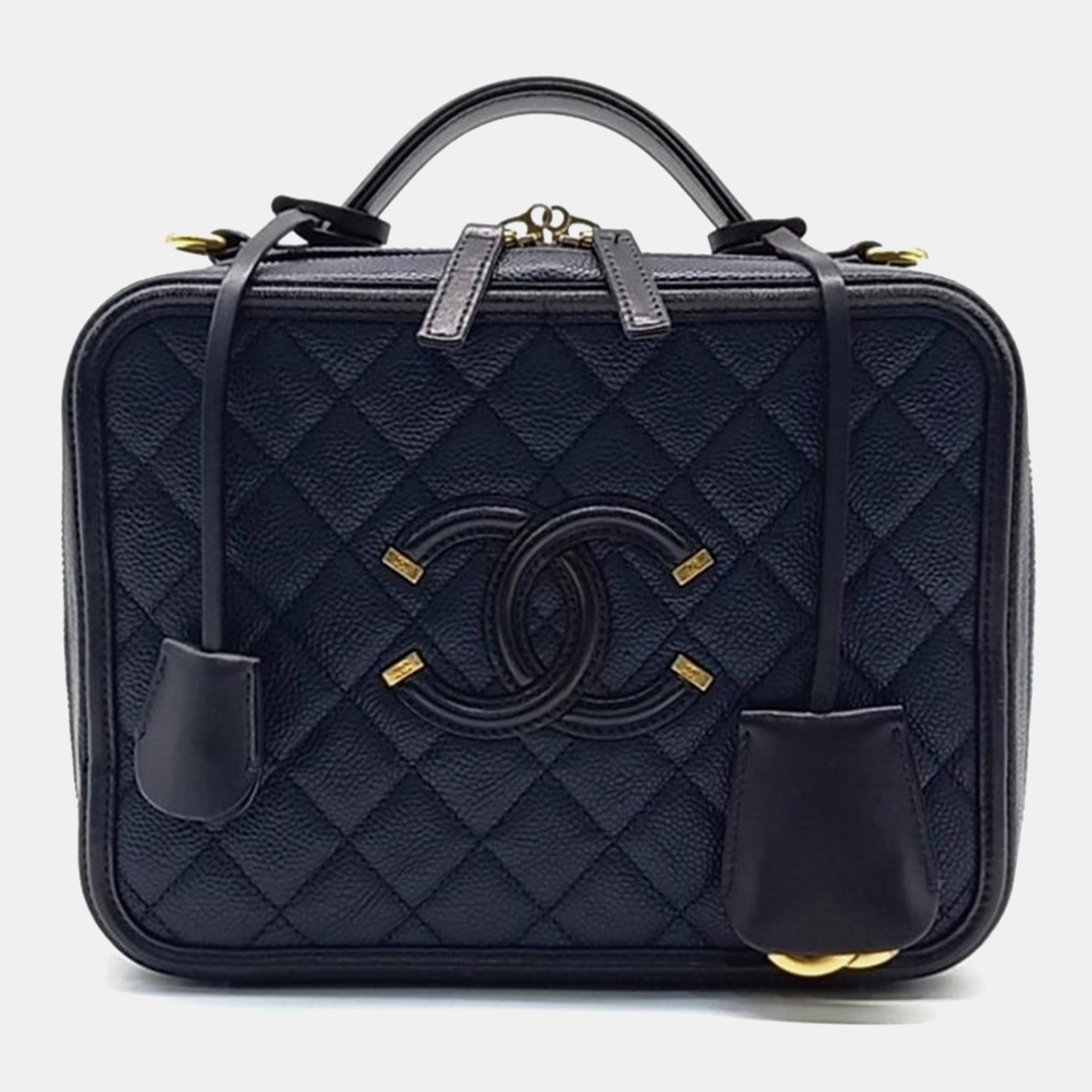 

Chanel Navy Blue Cavair Leather Filigree Vanity Case, Black