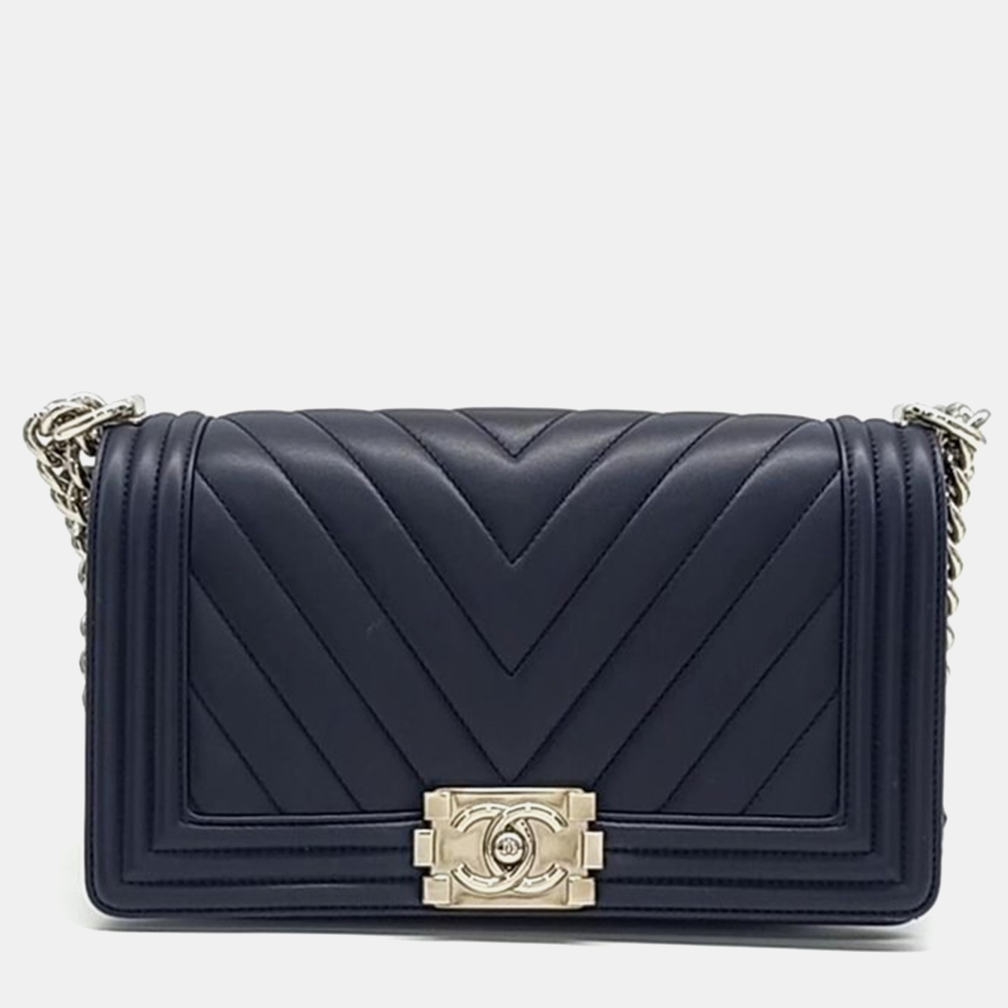 

Chanel Navy Blue Chevron Leather Medium Boy Bag