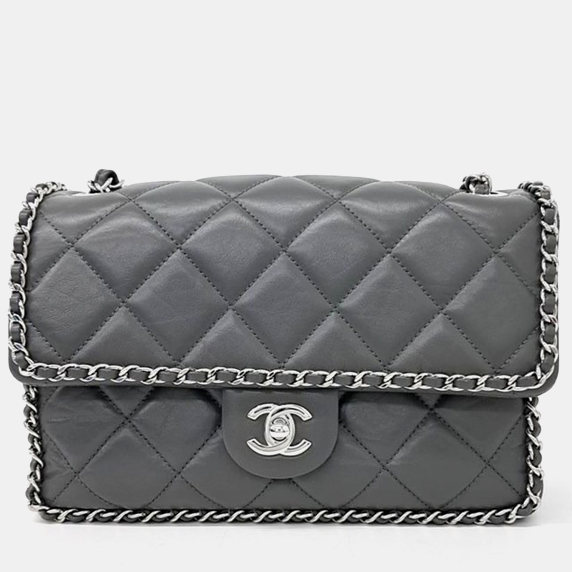 

Chanel Grey Leather Mini Chain Around Flap Bag