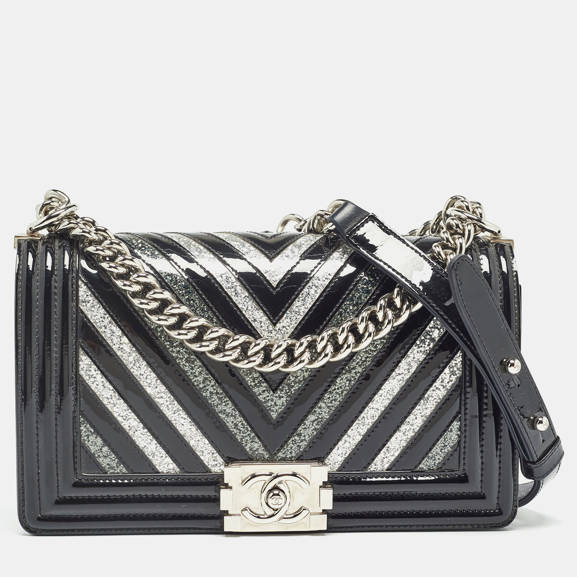 

Chanel Black/Silver Chevron Patent Leather  Boy Flap Bag