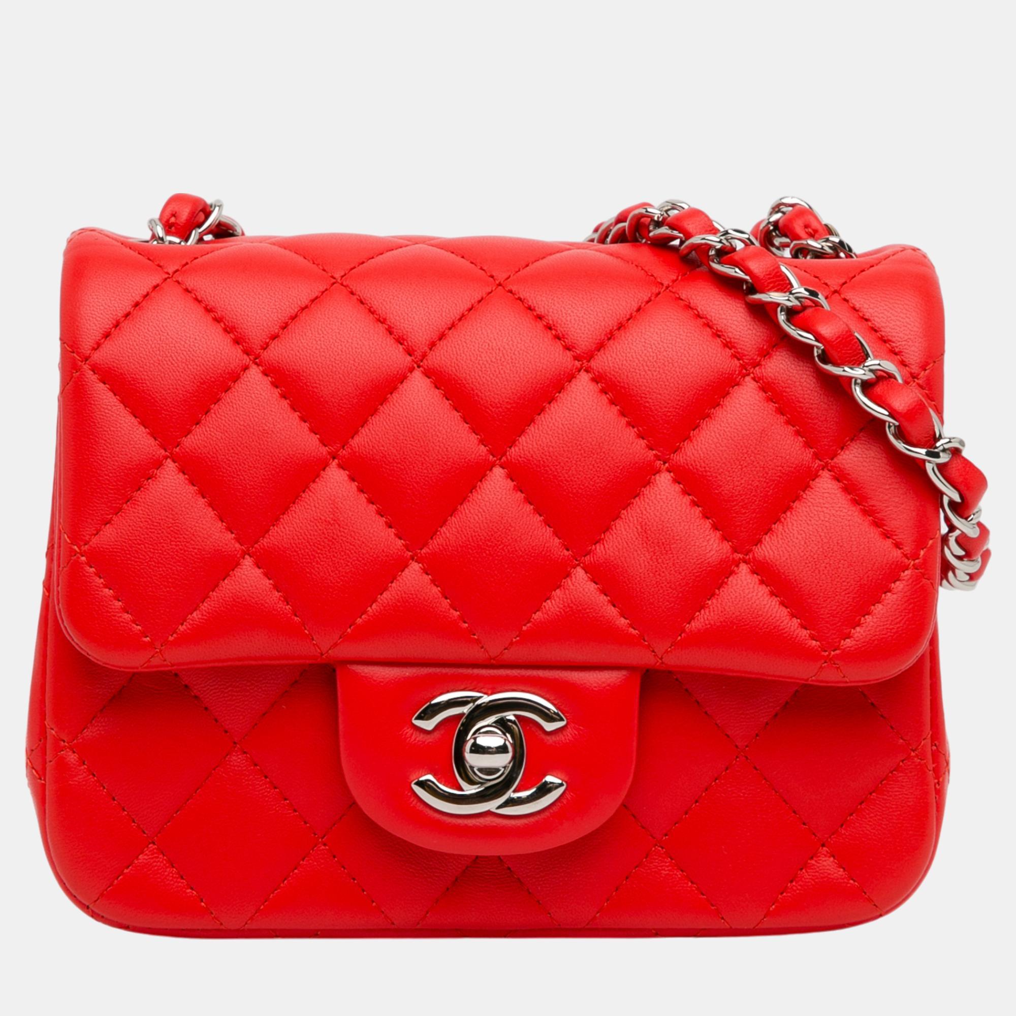 

Chanel Red Mini Square Classic Lambskin Single Flap