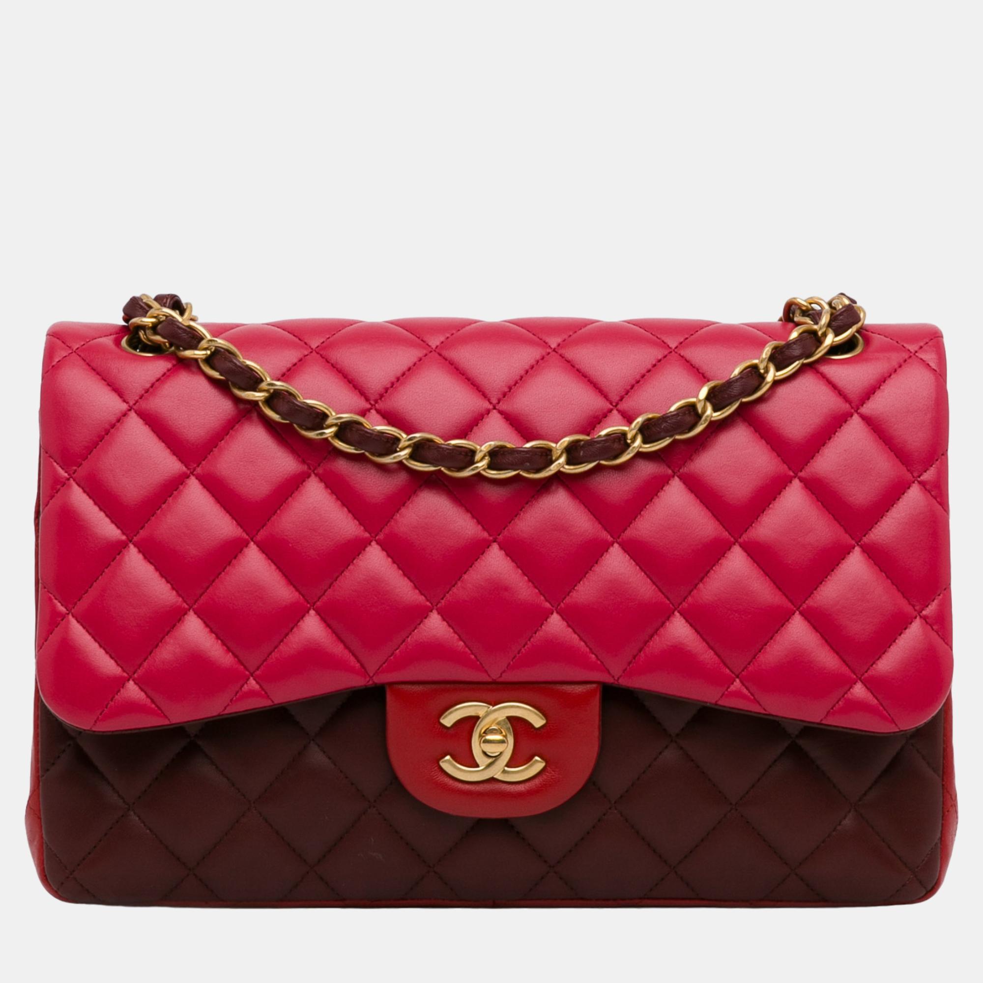

Chanel Red Jumbo Classic Tricolor Lambskin Double Flap