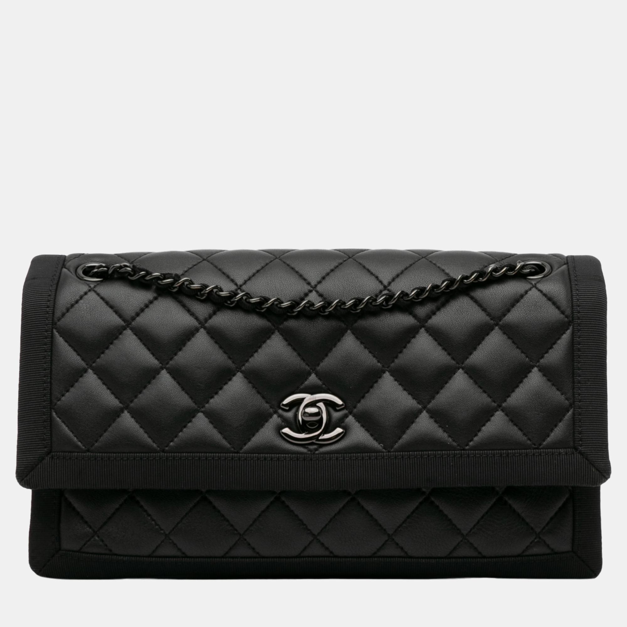 

Chanel Black Medium Quilted Lambskin Grosgrain Two Tone Flap