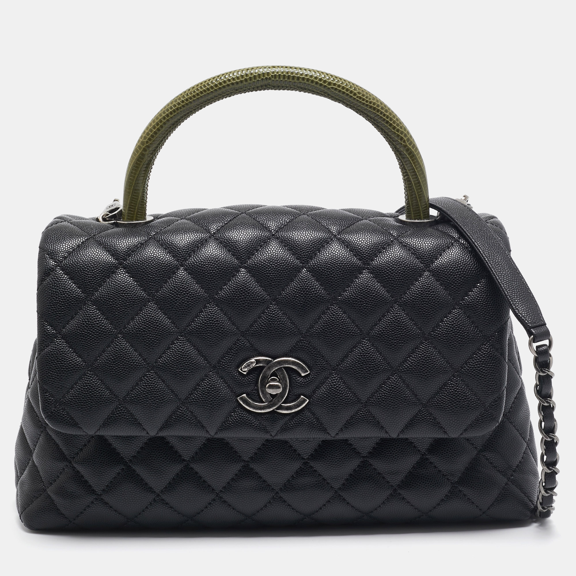 

Chanel Black/Green Quilted Caviar Leather and Lizard Medium Coco Top Handle Bag