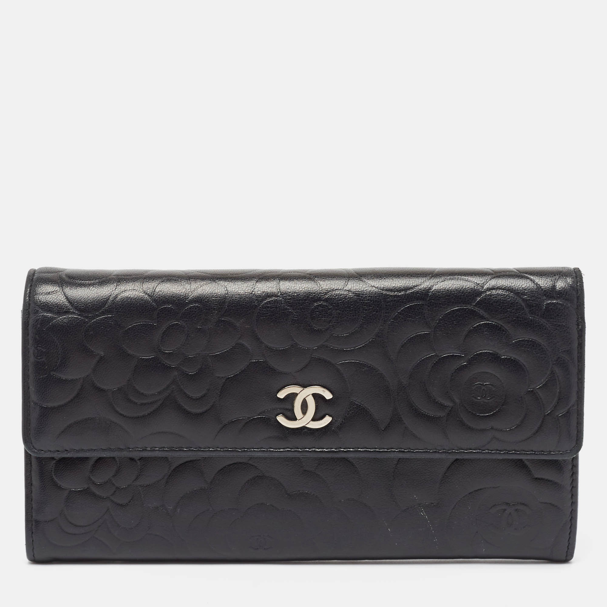 

Chanel Black Camellia Embossed Leather Large Flap Wallet