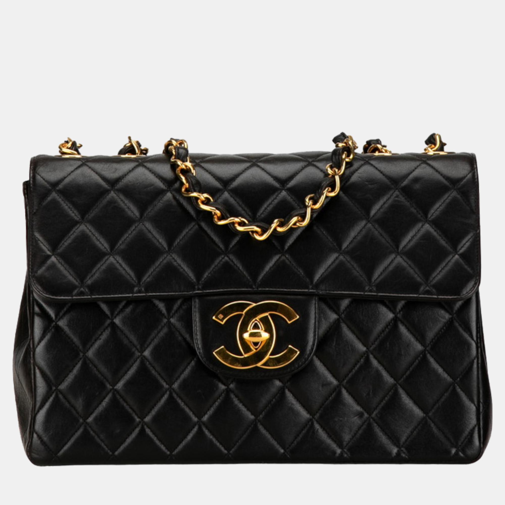 

Chanel Black Lambskin Leather Maxi Classic Single Flap Shoulder Bag